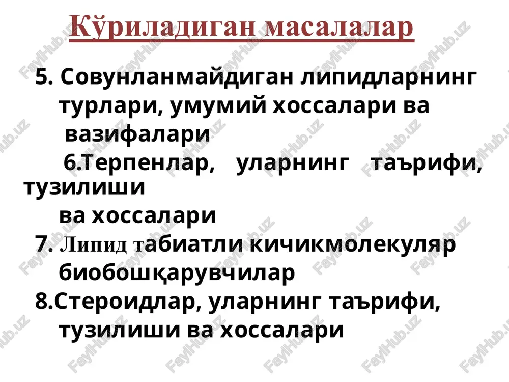 genlar – ayol jinsiy gormonlari sn3 no o sn3 no on n estron estradiol pregnan xosilalari sn3 sn3 o sn2on s=o n no sn3 sn3 o sn2on s=o n no on kortikosteron prednizolon pregnan xosilalari sn3 sn3 o sn2on s=o n progesteron (gestagen) xolan xosilalari – o't kislotalari sn3 sn3 no c n on on nh-ch2r o xol kislota r – soon – glikoxol kislota r – ch2soh – tauroxol kislota sn3 sn3 no cooh n on on 24 23 22 21 20 xolestan xosilalari - sterinlar ergosterin sn3 sn3 no kaltsiferol (vitamin d2) h sn2 sn3 no 21 20 22 23 24 25 27 26 xolestan xosilalari - sterinlar image1.jpeg image2.png image3.jpeg image4.jpeg image5.png image6.png image7.png image8.png image9.png image10.png image11.png image12.png image13.png image14.png image15.png image16.png image17.jpeg image18.png image23.jpeg image19.jpeg image20.jpeg image21.png image22.jpeg image28.jpeg image24.png image25.jpeg image26.jpeg image27.jpeg image29.jpeg image30.jpeg image31.jpeg image32.png image33.jpeg image34.jpeg image35.png image36.png image37.png image38.png image39.png image40.png …