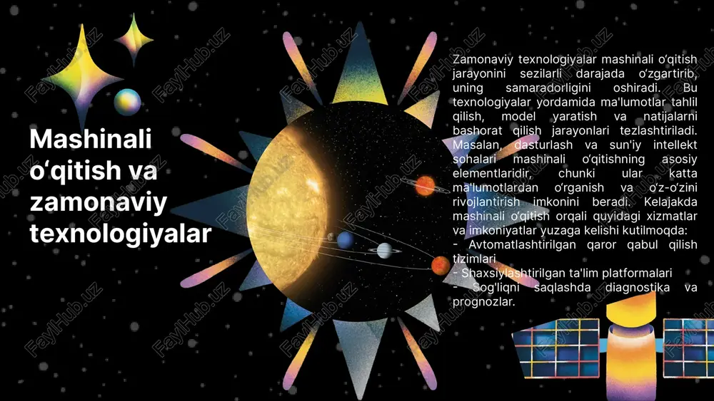novatsion strategiyalar. texnologiyalarning roli texnologiyalar va mashinali o‘qitish ta'lim jarayonini yangilash va samaradorligini oshirishda muhim rol o‘ynaydi. ular o‘quvchilarning individual ehtiyojlariga moslashish, shuningdek, o‘qituvchilarning resurslarni yanada samarali boshqarishlariga yordam beradi. innovatsion texnologiyalar: - sun'iy intellekt va mashinani o‘qitish - ta'lim platformalari (masalan, coursera, khan academy) - virtual va kengaytirilgan haqiqat (vr/ar) o‘qitish jarayonida texnologiyalardan foydalanish: - o‘quv materiallarini shaxsiylashtirish - interaktiv darslar va o‘qitish metodlari - o‘quvchilarning muvaffaqiyatlarini monitoring qilish texnologiyalarning ta’limga ta’siri: - o‘qish samaradorligini oshirish - o‘quvchilarning o‘z-o‘zini o‘rganish qobiliyatlarini rivojlantirish - ta'limda tenglikni ta'minlash kelajakdagi istiqbollar mashinali o‘qitish, texnologiyalarning tez rivojlanishi natijasida, kelajakda ko‘plab yangi imkoniyatlarni taqdim etadi. bu soha o‘zaro bog‘langan tizimlar va katta ma’lumotlar asosida qarorlar qabul qilishda muhim ahamiyatga ega. ushbu sohaning rivojlanishi nafaqat ilmiy tadqiqotlar, balki kundalik hayotimizda ham sezilarli o‘zgarishlarga olib kelishi kutilmoqda. o‘zgarishlar va yangi yo‘nalishlar: - sun’iy intellekt va mashinalar o‘rganishining integratsiyasi. - o‘zaro bog‘liq tizimlar va iot (internet of …