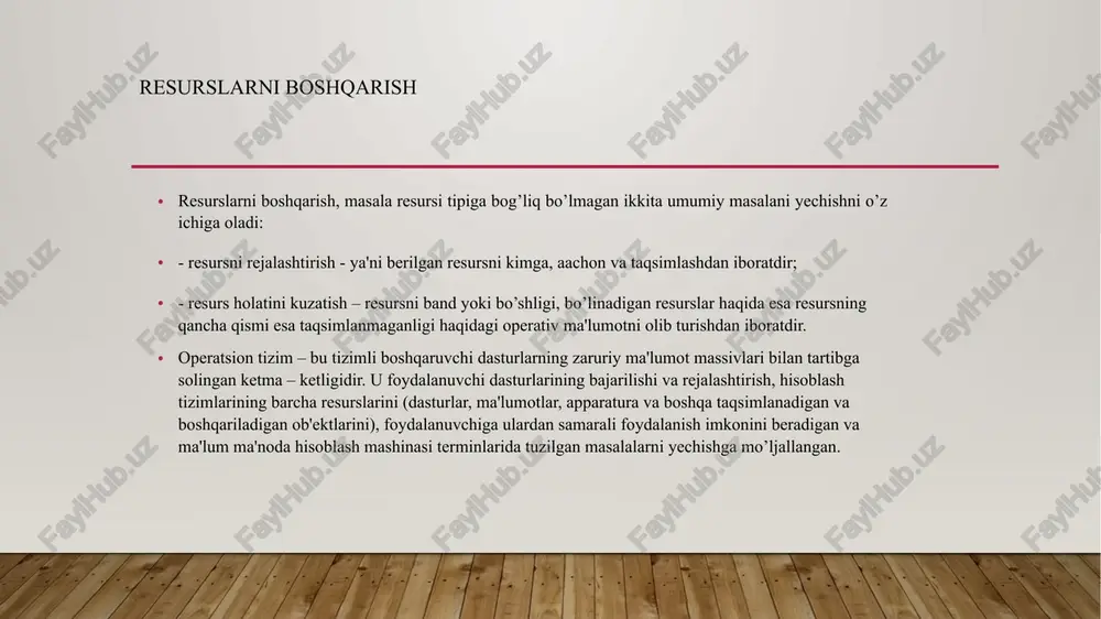 nalardir, ya'ni ibmg`360 mashinalari yaeriyasidir. 60 – yillar boshida yaratilgan bu mashinalar oilasi ikkinchi avlod mashinalaridan unumdorlik ko’rsatkichi bo’yicha oldinga anchagina o’tib ketdi. tezda, dasturiy – mutanosib mashinalar g’oyasini umum tan olindi. to'rtinchi davr (1980dan – hozirgi vaqtgacha). operatsion tizimlar rivojlanishidagi keyingi davr katta integral sxemalarni (bis) yuzaga kelishi bilan bog’liq bo’lgan davrdir. bu yillarda integratsiya darajasi keskin o’sishi va mikrosxemalar arzonlashishi yuz berdi. kompyuterdan alohida foydalanuvchilar foydalanishi imkoni yuzaga keldi, va shaxsiy kompyuterlar davri boshlandi. operatsion tizim klassifikatsiyasi bir vaqtda foydalanuvchilar soni boʼyicha: bir foydalanuvchi, koʼp foydalanuvchi; ✓ bir vaqtda tizim boshqaruvi ostida bajariladigan jarayonlar boʼyicha: bir vazifali, koʼp vazifali; ✓ protsessorlarni qoʼllash soni boʼyicha: bir protsessorli, koʼpprotsessorli; ✓ ot razryadliligi boʼyicha: 8-razryadli, 16-razryadli, 32- razryadli, 64-razryadli; ✓ interfeysa tipi boʼyicha: buyruqli (matnli) va obʼektga yoʼnalganligi (grafik); ✓ exmga foydalanuvchining dostup tipi boʼyicha: paketni qayta ishlash, vaqtni taqsimlash, real vaqtdp bajarilishi; ✓ resurslarni ishlatish tipi boʼyicha: tizimli, lokal. audio1.wav …