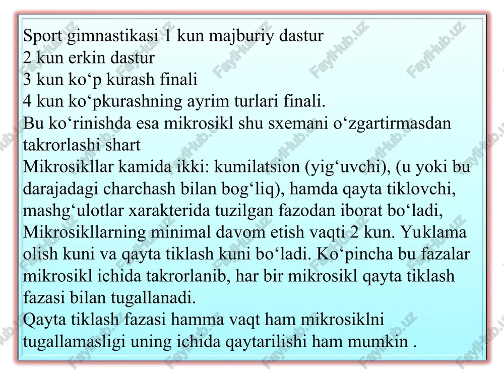 ni maksimal rivojlanishiga. b) mashg‘ulotning kam samaradorligiga yoki uni butunligicha yo‘qligiga v) sportchini holdan toyishi yoki madori qurishiga. birinchi tipidagi reaksiya - mikrosiklga katta va anchagina yuklamali, optimal mashg‘ulot soni kiritib ular o‘zaro ratsional holda hamda kichik yuklamali mashg‘ulotlar bilan almashtirilgan taqdirda organizmni reaksiya orqali javob berishga olib keladi. ikkinchi tipdagi reaksiya-mikrosiklga kiritilgan mashg‘ulotlar soni va ularning yuklamasi mashq bilan chiniqqanlik darajasiga kam ta’sir ko‘rsatsa, uchinchi tipdagi reaksiya-mikrosiklga kiritilgan mashg‘ulotlar ratsional almashtirilmagan taqdirda organizmni tez reaksiya berishiga olib keladi. 2. mashg‘ulot mezosikllarini tuzilishi va tiplari. mezosikl mikrosikllar tizimi sifatida. mashg‘ulot mikrosikllari, mashg‘ulot jarayonlarining 3 dan 6 haftagacha davom etadigan jarayonidir. mashg‘ulot jarayonini mezosikllar asosida tuzish shu davrdagi tayyorgarlikni, mashg‘ulotdagi yuklama dinamikasini ta’minlash, vosita va metodlarni maqsadga muvofiq ravishda qo‘llash sportchiga pedagogik ta’sir ko‘rsatishni, organizmni qayta tiklash jarayoni bilan qo‘shish natijasida kerak bo‘ladi. jismoniy sifatlarni va qobiliyatlarini rivojlantirishiga qaratiladi. ko‘pincha tortuvchi, bazali tayyorgarlik nazorat, musobaqa oldi va musobaqa mezosikllari bo‘ladi. tortuvchi …