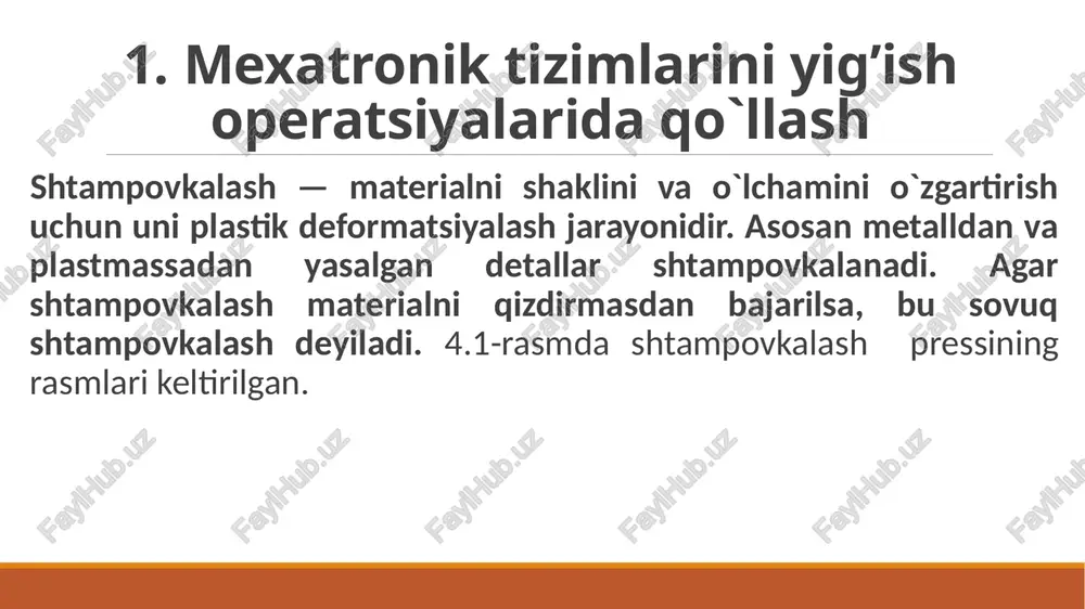 omatlashtirishga olib keladi. bunday komplekslarni boshqa detallar uchun qayta sozlash mumkin. buning uchun ishchi organlar va boshqaruvchi dasturlar almashtiriladi. 4.5-rasm. sanoat roboti mps-9s 2.mexatronik qurilmalar moslashuvchan ishlab chiqarish tizimlari asosidir sanoatda qo`llaniladilan mexatronik qurilmalarni moslashuvchan ishlab chiqarish tizimlari asosi deb qarash mumkin. moslashuvchan ishlab chiqarishni quyidagicha tushunish mumkin: texnologik tizimni tez va uncha ko`p mehnat va boshqa xarajatlar talab qilmasdan yangi yoki modernizatsiyalangan mahsulot ishlab chiqarish uchun yoki yangi texnologik jarayonlarni amalga oshirish uchun qayta tashkil etish xususiyati tushuniladi. shu bilan birga ishlab chiqaradigan mahsulotning sifatini va uni ishlatishdagi ishonchliligini oshirish masalasi ham ijobiy hal etilishi kerak. moslashuvchan ishlab chiqarish tizimi ko`p bosqichli ierarxik strukturaga ega. 2.mexatronik qurilmalar moslashuvchan ishlab chiqarish tizimlari asosidir sanoatda qo`llaniladilan mexatronik qurilmalarni moslashuvchan ishlab chiqarish tizimlari asosi deb qarash mumkin. moslashuvchan ishlab chiqarishni quyidagicha tushunish mumkin: texnologik tizimni tez va uncha ko`p mehnat va boshqa xarajatlar talab qilmasdan yangi yoki modernizatsiyalangan mahsulot ishlab chiqarish uchun …