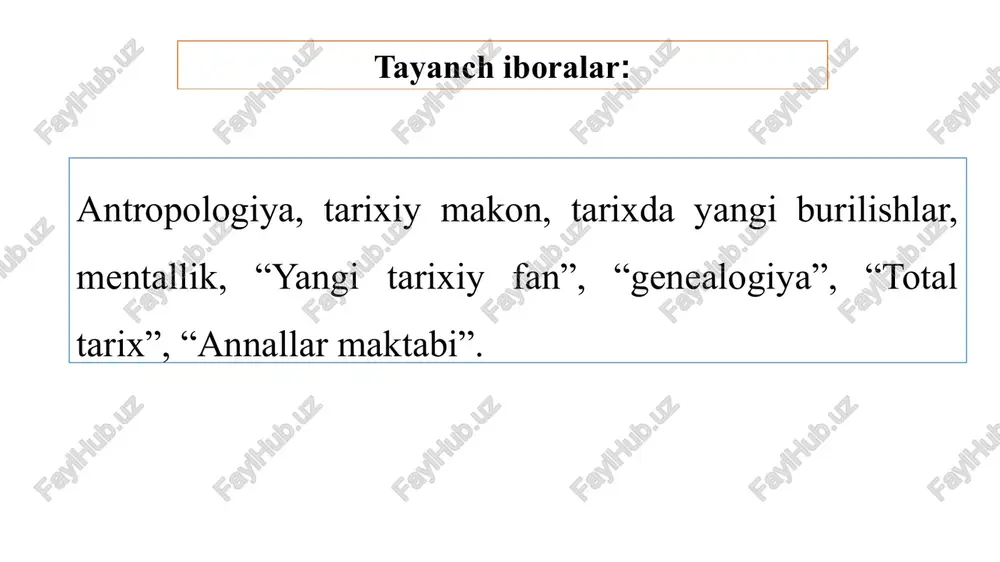 siy yo‘nalishlaridan biri o‘lib, asosan inson irqlarini o‘rganadi (zamonaviy irqlarning tasnifli muammolari, ularning geografik tarqalishi, shakllanish tarixi va boshqalar) falsafiy antropologiya - insonning mohiyati haqidagi falsafiy ta’limot bo‘lib, u odamni borliqning o‘ziga xos turi deb biladi. shuningdek, lingvistik, siyosiy, tarixiy, iqtisodiy, tibbiy kabi antropologiya yo‘nalishlari ham o‘ziga xos fan sifatida ajralib chiqib rivojlanib bormoqda. pedagogik antropologiya – ta’limni antropologik hodisa sifatida o‘rganuvchi yo‘nalish. diniy antropologiya - bu ilohiyotning asosiy oqimida ishlab chiqilgan va insonning mohiyatini diniy ta’limotlar doirasida ko‘rib chiqadigan inson mohiyati haqidagi teologik yoki falsafiy ta’limot. ijtimoiy va madaniy antropologiya - etnologiyaga juda yaqin fan bo‘lib, insoniyat jamiyatlari va ulardagi madaniyatlarni qiyosiy o‘rganish bilan shug‘ullanadi. tarixiy antropologiyaning yo`nalishlari ”tarixiy mentalitet”, “annallar maktabi”, “tarixiy kundalik hayot”, “mikrotarix”, “gender tarixi”, ”tarixiy psixologiya”, “xalqning dindorlik darajasi “diniy antropologiya”, “intellektual tarix”, “iqtisodiy tarix” va boshqalarni kiritish mumkin. mavzuga oid seminar savollari 1. tarixiy antropologiya fanining maqsad va vazifalari nimalardan iborat? 2. tarixiy antropologiya …