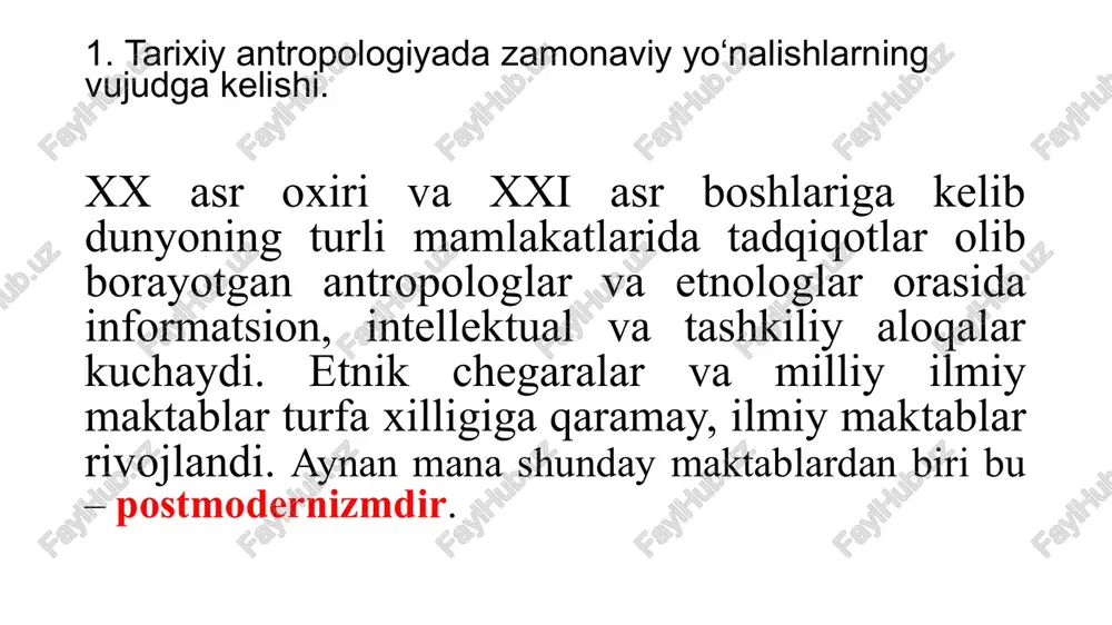 davomi sifatida shakllangan. dominant madaniyat - (lotincha dominans — hukmronlik qiluvchi) madaniyatshunoslikda bu atama madaniyatning hukmron g‘oyasini, asosiy xususiyatini yoki eng muhim tarkibiy qismini bildirish uchun ishlatiladi. masalan, rim madaniyatining dominantlari fuqarolik va davlat bo‘lib, ular davlat ishlariga aralashish, fuqarolik va uning to‘liq a’zosi bo‘lishning psixologik hissi, davlat manfaatlariga sodiqlik va o‘z manfaatlarini himoya qilish uchun qurbonlik qilishga tayyorlik kabilar tushunilgan. postmodernizm - (fransuzcha postmodernizm - modernizmdan keyin) xx asrning ikkinchi yarmi va xxi asr boshlaridagi jahon ijtimoiy hayoti va madaniyatidagi tarkibiy jihatdan oʻxshash hodisalarni aks ettiruvchi tushunchadir. postmodern - zamonaviy madaniyatning holati bo‘lib, zamonaviy davr ommaviy madaniyatini o‘z ichiga oladi. empirik ma’lumotlar - (yunoncha eméíría "tajriba") - sezgilar orqali, xususan, kuzatish yoki tajriba orqali olingan ma’lumotlar yoki asosan tajriba natijalariga asoslangan bilimlar tushuniladi. madaniyatda ekstrasomatik kontekst - (noan’anaviy) an’anaviy madaniyatda ramzlar yetakchi rol o‘ynashi, madaniyatlar boshqa tirik mavjudotlar kabi tug‘iladi, yashaydi va o‘ladi”, deb ta’kidlaydi. etnosentrizm - (yunoncha ἔthnos …