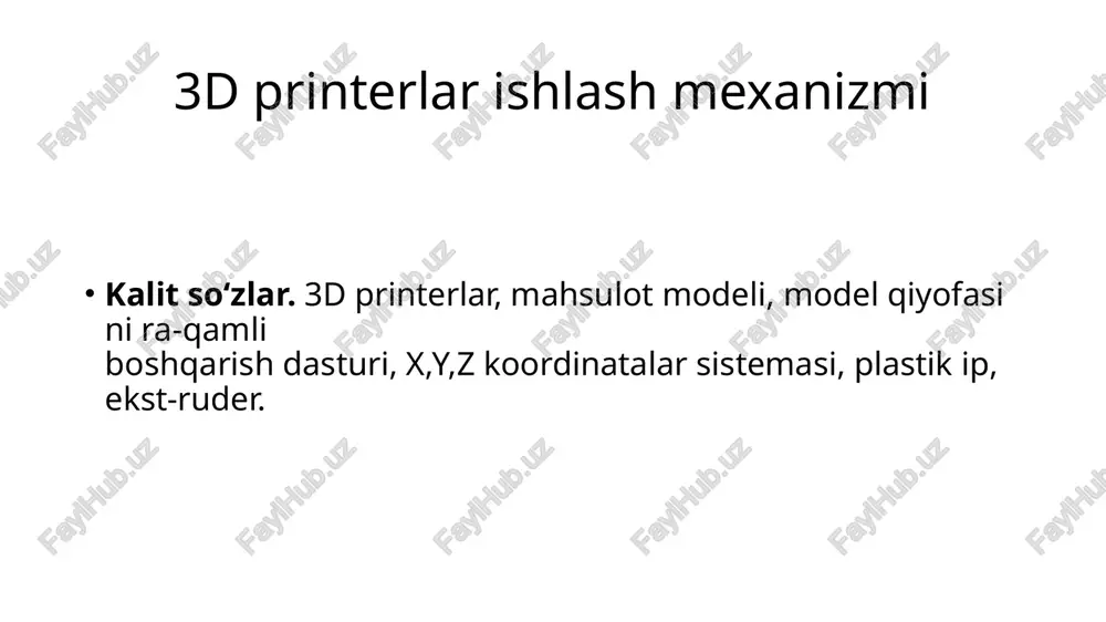 ncha vites (tezliklar) qutisi bilan ham); quyida 3d printer uchun foydalaniladigan materiallardan ba'zi birlarining xossalari keltirilgan: abs va pla ushbu ikki turdagi plastmassasi har doim (yoki deyarli har doim) qarama-qarshilikda beriladi. abs plastmassasi neft mahsulotlaridan tayyorlanadi va ularda parchalanadi. abs – akrilonitril butadiyen stiren juda keng tarqalgan termoplastikdir (masalan: lego bo‘laklari ushbu materialdan tayyorlangan), lekin qattiq tuzilmalarni qurish uchun qattiq va ma’lum bir qattiqlikka ega. bundan tashqari, u katta kimyoviy qarshilikka ega, u faqat atseton bilan eriydi. u haroratga yaxshi qarshilik ko‘rsatadi. pla –polilaktik kislota biologik parchalanadi, shuning uchun u ekologik jihatdan toza. pla 3d chop etish qurilmasiningeng mashhur materialdir.bugungi kunda deyarli barcha fdm 3d printerlari pla bilan chop etishi mumkin. fotopolimer chop etish biroz boshqacha tarzda amalga oshiriladi. materiallar qatlamlarda ham qo‘llaniladi, lekin u dastlab maxsus bankada suyuq holatda bo‘ladi. qatlam-qatlam, lazer yoki ultrabinafsha nurlari materialga ta’sir qiladi va platforma ko‘tariladi. ya’ni, obyekt, xuddi o‘sayotgandek harakatda bo‘ladi. radiatsiya ta’sirida …