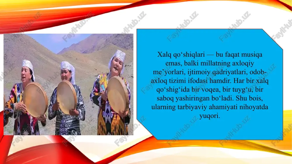 xalq qo‘shiqlari janrlari va ularning mazmuni haqida. yo‘ldoshev, q. bolalar folklori va tarbiya. – toshkent: ma’naviyat, 2017. – bolalar qo‘shiqlari, topishmoqlar, allalar va ularning ta’limiy ahamiyati. xolbekova, m. milliy qadriyatlar asosida tarbiya. – toshkent: o‘zbekiston, 2020. – xalq og‘zaki ijodiyoti orqali ma’naviy-axloqiy tarbiya metodikasi. “ma’naviyat” jurnali, turli yillardagi sonlari. – xalq ijodi, ma’naviy tarbiya va milliy musiqiy meros haqida maqolalar. e`tiboringiz uchun tashakkur! image2.png image3.png image4.png image5.png image6.png image7.png image1.png /docprops/thumbnail.jpeg —_—_—-—— wav: xalq qo'shiglari va viarning tarbiyaviy ‘ahamiyati