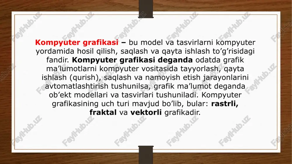 layotgan qudratli vositalardan biridir. ular orqali vizual axborotni yaratish, tahrirlash, modellashtirish va namoyish qilish imkoniyati mavjud bo‘lib, bu jarayonlar dizayn, muhandislik, arxitektura, tibbiyot, ta’lim, kino, reklama va boshqa ko‘plab yo‘nalishlarda keng foydalaniladi. rastrli, vektorli va 3d grafik muharrirlar — har bir grafik ish turiga moslashgan kuchli imkoniyatlarga ega dasturiy vositalardir. photoshop, illustrator, coreldraw, blender kabi dasturlar grafik sohasida yetakchi o‘rin egallab, foydalanuvchilarga yuqori sifatli ishlanmalar yaratish imkonini beradi. shuningdek, ochiq kodli va onlayn platformalarning kengayishi (masalan, gimp, inkscape, canva, photopea) grafik vositalarni yanada ommalashtirmoqda. e`tiboringiz uchun tashakkur! image7.png image8.jpeg image9.jpeg image10.jpeg image11.jpeg image12.jpeg image5.png image6.png image3.png image4.png /docprops/thumbnail.jpeg mavzu: kompyutergrafkasining dastoriy