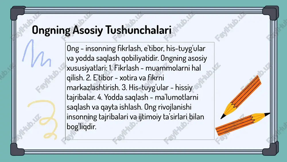 l qilish jarayonida ongimiz, tanlovlarimiz va ularning oqibatlarini baholashda muhim rol o'ynaydi. - ijtimoiy o'zgarishlarga ta'siri, odamlar o'rtasidagi munosabatlarni shakllantirishda, yangi g'oyalar va qadriyatlarni qabul qilishda ko'rinadi. ong va ijtimoiy muammolar ong ijtimoiy muammolarni hal qilishda muhim rol o'ynaydi. u insonlarning fikrlash uslublari va qaror qabul qilish jarayonlariga ta'sir qiladi. ong, ijtimoiy adolat va tenglikni tushunish va amalga oshirishda asosiy omil hisoblanadi. shuningdek, u ijtimoiy mas'uliyatni shakllantirishda o'z o'rniga ega. bu jarayonda, ong insonlarni birlashtiruvchi kuch sifatida harakat qiladi va ijtimoiy muammolarni hal qilishda ko'maklashadi. ongning ijtimoiy taraqqiyotga ta'siri - ong ijtimoiy taraqqiyotda muhim rol o'ynaydi. - u fikrlash jarayonini va qaror qabul qilishni rag'batlantiradi. - ong ijtimoiy munosabatlarni yanada rivojlantiradi va ijtimoiy innovatsiyalarni qo'llab-quvvatlaydi. - ta'lim va madaniyat, ongning ijtimoiy taraqqiyotga ta'sir qiluvchi asosiy omillardir. ong va ijtimoiy hamkorlik ong ijtimoiy hamkorlikni rivojlantirishda muhim o'rin egallaydi. u ijtimoiy tarmoqlarni yaratishda va mustahkamlashda asosiy rol o'ynaydi. ong orqali odamlar o'zaro …