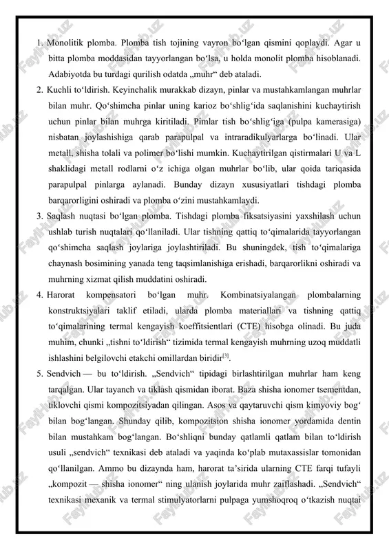 di. bunday dizayn xususiyatlari tishdagi plomba barqarorligini oshiradi va plomba oʻzini mustahkamlaydi. 3. saqlash nuqtasi boʻlgan plomba. tishdagi plomba fiksatsiyasini yaxshilash uchun ushlab turish nuqtalari qoʻllaniladi. ular tishning qattiq toʻqimalarida tayyorlangan qoʻshimcha saqlash joylariga joylashtiriladi. bu shuningdek, tish toʻqimalariga chaynash bosimining yanada teng taqsimlanishiga erishadi, barqarorlikni oshiradi va muhrning xizmat qilish muddatini oshiradi. 4. harorat kompensatori boʻlgan muhr. kombinatsiyalangan plombalarning konstruktsiyalari taklif etiladi, ularda plomba materiallari va tishning qattiq toʻqimalarining termal kengayish koeffitsientlari (cte) hisobga olinadi. bu juda muhim, chunki „tishni toʻldirish“ tizimida termal kengayish muhrning uzoq muddatli ishlashini belgilovchi etakchi omillardan biridir[3]. 5. sendvich — bu toʻldirish. „sendvich“ tipidagi birlashtirilgan muhrlar ham keng tarqalgan. ular tayanch va tiklash qismidan iborat. baza shisha ionomer tsementdan, tiklovchi qismi kompozitsiyadan qilingan. asos va qaytaruvchi qism kimyoviy bogʻ bilan bogʻlangan. shunday qilib, kompozitsion shisha ionomer yordamida dentin bilan mustahkam bogʻlangan. boʻshliqni bunday qatlamli qatlam bilan toʻldirish usuli „sendvich“ texnikasi deb ataladi va yaqinda …
