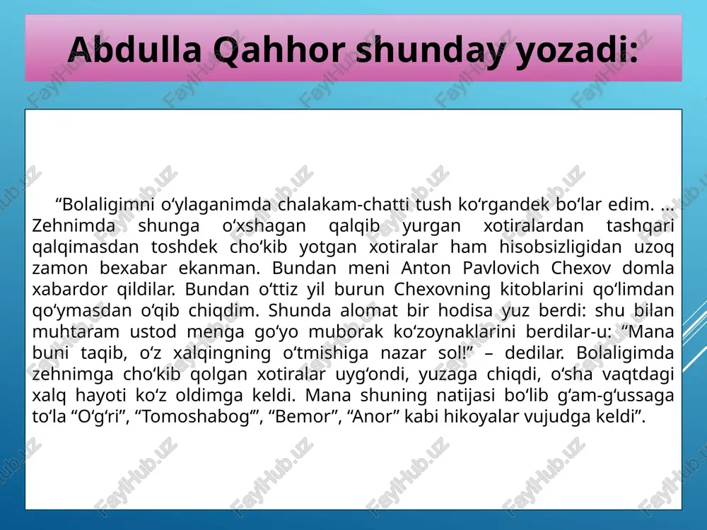 ko‘z ochirmayotgan kuzak shamoli yaydoq daraxtlar shoxida chiyillaydi, g‘uvullaydi; tomlarda vishillaydi, yopiq eshik va darchalarga bosh urib uf tortadi”. (abdulla qahhor, “dahshat” hikoyasidan) demak, kuzak shamolini rassom daraxtlarning egilishi, barglarning sochilishi orqali tasvirlasa, yozuvchi “chiyillaydi”, “g‘uvullaydi”, “vishillaydi” kabi fe’llar orqali ifodalaydi. ko‘p hollarda muallif aytmoqchi bo‘lgan fikrni asardagi voqea yoki qahramonlar tasviri orqali bilib olish mumkin. “o‘g‘ri” hikoyasidan qahramonlarning xatti-harakatlari, gaplari tasvirlangan o‘rinlarni toping. bu tasvirlar orqali muallif qahramonlarning tabiatiga xos qanday xususiyatlarni ochib bergan? jadvalni daftaringizga ko‘chiring va to‘ldiring. siz o‘qigan hikoya tiliga xos yana bir muhim xususiyat – unda maqollar va iboralarning ishlatilishi. hikoyada ishlatilgan maqol va iboralarni toping. ularning asar g‘oyasini ochishdagi ahamiyatini izohlashga harakat qiling. siz mazkur hikoya uchun yana qanday maqollarni tavsiya qilgan bo‘lardingiz? nima uchun? mustaqil o‘qish uchun abdulla qahhor qalamiga mansub “bemor” hikoyasini o‘qib chiqishingizni tavsiya qilamiz. e’tiboringiz uchun rahmat! foydalanilgan adabiyot: adabiyot [matn]: 6-sinf uchun darslik / z. i. mirzayeva, k. q. …