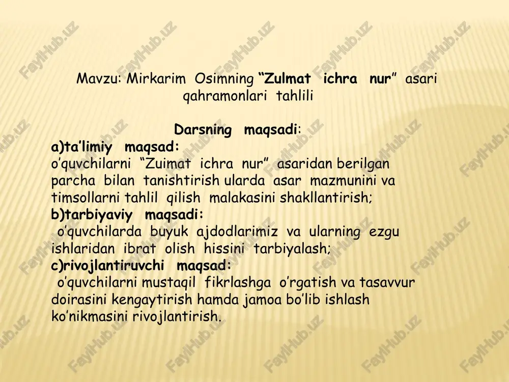 qaysi tomonga qarab yo’loladi? a) g’arbga b)quyosh botarga d)quyosh chiqarga 8 sabzavorga hokim qilib tayinlandi? a)alisherning tog’asi b) alisher d) g’iyosiddin kichkina 1 2 3 4 5 6 7 8 d a d b d d d d v darsni yakunlash : darsda faol ishtirok etgan o’quvchilar baholanadi. vi uyga vazifa: o’qib kelish . image3.jpeg image4.jpeg image5.jpeg image6.jpeg oclim 3yjimat hupa hyp tapuxuit xucca ¢ rwww.ziyouz.com! eps 10 vector vector eps 10 /docprops/thumbnail.jpeg mirkarim osimning “zulmat ichra nur” qissasi qahramoniari tabllli mavzusidagl ‘dars ishlanmasi