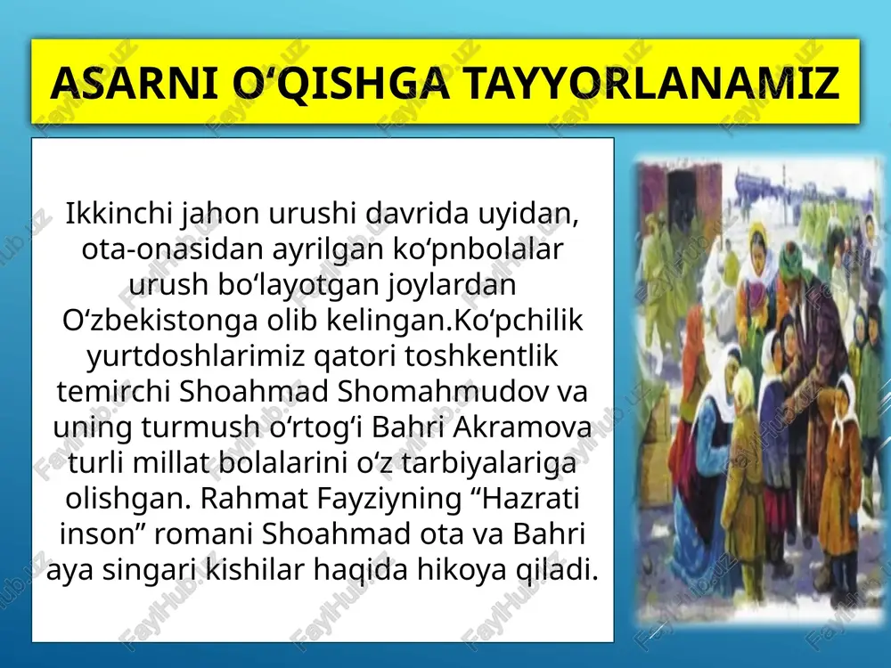 –qalpog‘ini g‘ijimlab turgan to‘ladan kelgan bola xo‘mrayib gapirdi. – axir, shunga urish kerakmidi? – dedi yotig‘i bilan tarbiyachilardan biri. – nega fashist deydi? – nuqul kiyimlari ko‘pligini maqtaydi. kim fashist? galya u boyatdan beri o‘ziga tikilib turgan boyagi sariq sochli qizcha yoniga bordi. tiz cho‘kib, to‘zg‘igan sochlarini siladi. – oting nima, qizim? – galya, – dedi kulib. – manga qiz bo‘lasanmi? galya mahkam akaning orqasida qovog‘ini solib turgan vityagacho‘chibroq qarab oldi. – o‘g‘lingiz... – dedi-yu, gapirolmay qoldi. – bu o‘g‘lim, san qizim bo‘lasan-da, xo‘pmi? – mayli, – dedi boshini egib galya. – juda yaxshi, oppoq qiz, shirin qiz, – deya bag‘riga olib erkaladi mahkam aka, – qani, akang bilan tanishinglar-chi. galya kattalardek vityaga otini takrorlab, qo‘lini uzatuvdi, vitya yoqinqiramay ko‘rishdi. abram va galya – amaki, – dedi shirinlik so‘rab erkalik qilganday boshini egib,–abramni ham olib keta qolaylik, o‘zi judayam yaxshi bola. – mayli, – dedi mahkam aka o‘ylab turmay, – …