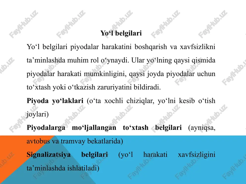 ishning muhim jihatlaridan biridir. belgilarni o‘rnatishda quyidagi talablar amalga oshirilishi kerak: ko‘rinish va o‘qish mumkinligi: yo‘l belgisi haydovchi uchun o‘qilishi va tushunilishi oson bo‘lishi kerak. belgilar, o‘zaro bir-birini to‘smaslikni ta’minlab, yaxshi ko‘rinadigan joyda o‘rnatilishi kerak. yo‘lning o‘ng va chap tomonlarida o‘rnatish: yo‘l belgisi yo‘lning o‘ng yoki chap tomonida joylashishi kerak. ko‘p holatlarda, o‘ng tomonda joylashgan belgilar haydovchilar uchun eng qulay variant bo‘ladi, ammo ba'zi holatlarda chap tomon ham ishlatiladi. image3.png image4.png image5.png image6.png /docprops/thumbnail.jpeg ilowigovl uausuyanaurtoaxyzir bouthiivamyivaislvaonnt ane ‘tll attois am tense nousingez.o