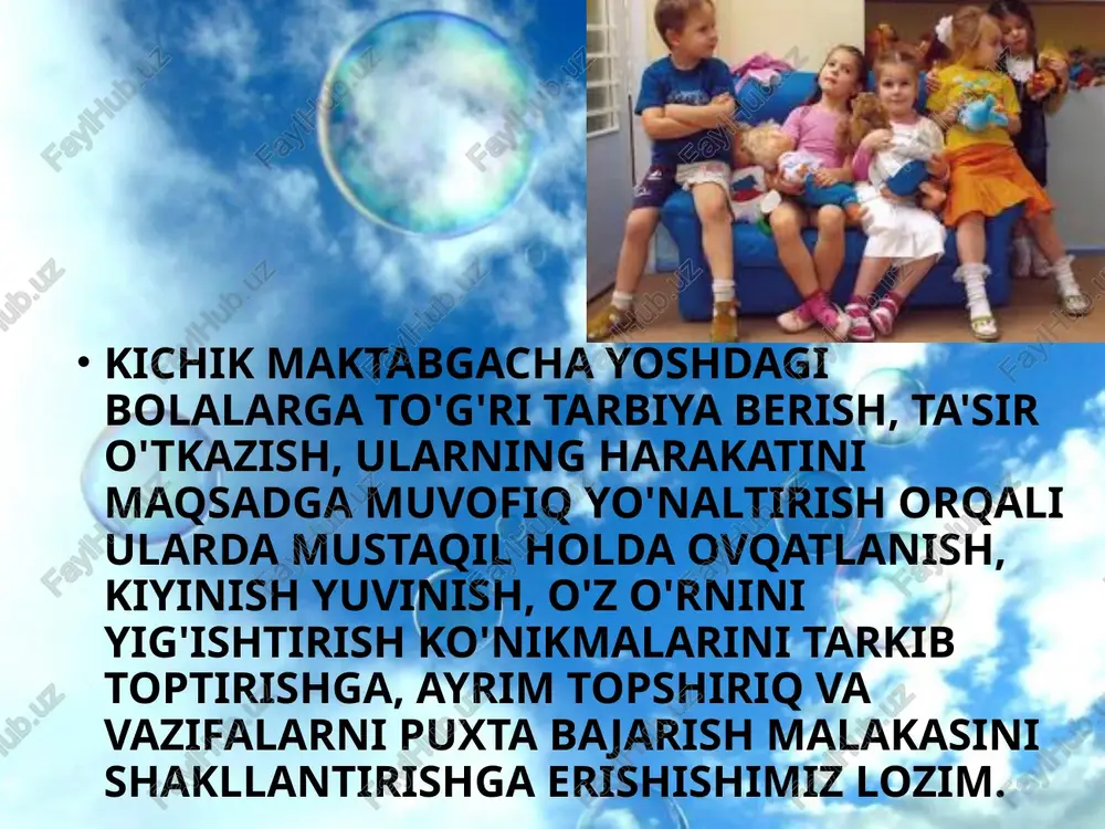 yinlarida bolalar kattalarning predmetlarga munosabatinigina emas, balki ko‘proq ularning o‘zaro munosabatlarini ham aks ettiradilar va ularga taqlid etadilar. shuningdek, jamoa o‘yinlarida bolalar bir guruh odamlarning murakkab hayotiy faoliyatlarini aks ettiradilar. masalan, «poezd» o‘yinini olaylik. bunda mashinist, parovozga ko‘mir yoquvchi, provodniklar, qontrolyor, kassir, stansiya xodimlari va yo‘lovchilar bo‘ladi. bolalarning mana shu kabi jamoa o‘yinlari artistlarning faoliyatiga o‘xshaydi. chunki, jamoa o‘yinidagi har bir bola o‘z rolini yaxshi ado etishga intilishi bilan birga, o‘yinning umumiy mazmunidan ham chetga chiqib ketmaslikka tirishadi. bu esa, har bir boladan o‘zining butun qobiliyatini ishga solishni talab etadi. ma’lum rollarga bo‘lingan jamoa o‘yini, bolalardan qat’iy qoidalarga bo‘ysunishini va ayrim vazifalarni talab doirasida bajarishni taqozo etadi. shuning uchun bolalarning bunday jamoa o‘yinlari psixologik jihatdan katta ahamiyatga ega. chunki, bunday o‘yinlar bolalarda irodaviylik, xushmuomalalik, o‘yin qoidalariga, tartib-intizomga bo‘ysungan va shu kabi boshqa ijobiy hislatlarni tarbiyalaydi va rivojlantiradi. e’tiboringiz uchun raxmat image2.png image4.jpeg image3.png image5.jpeg image6.jpeg image7.jpeg image8.jpeg image9.jpeg image10.jpeg image11.png …