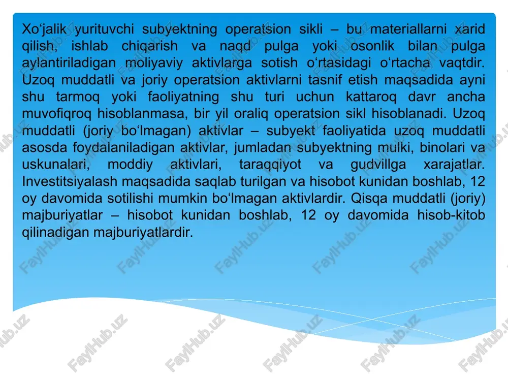 orligiga, ish aktivligiga, raqobatbardoshligi va iqtisodiy tahlikalarga bardoshligiga baho berishdan iborat. buxgalteriya balansi tahlili oldiga quyidagi vazifalar qo‘yiladi: - korxonaning mulkiy va moliyaviy holatini baholash; aktivlarning likvidligini baholash; aktivlarni shakllantirish manbalari tarkibini baholash; majburiyatlarning aktivlar bilan ta’minlanganligini baholash; aktivlar va passivlarning alohida guruhlari o‘rtasidagi muvofiq�likni baholash; aktivlarni pul ishlab topish imkoniyatlarini baholash; - kapitalni shakllanishi va o‘stirish imkoniyatlarini baholash