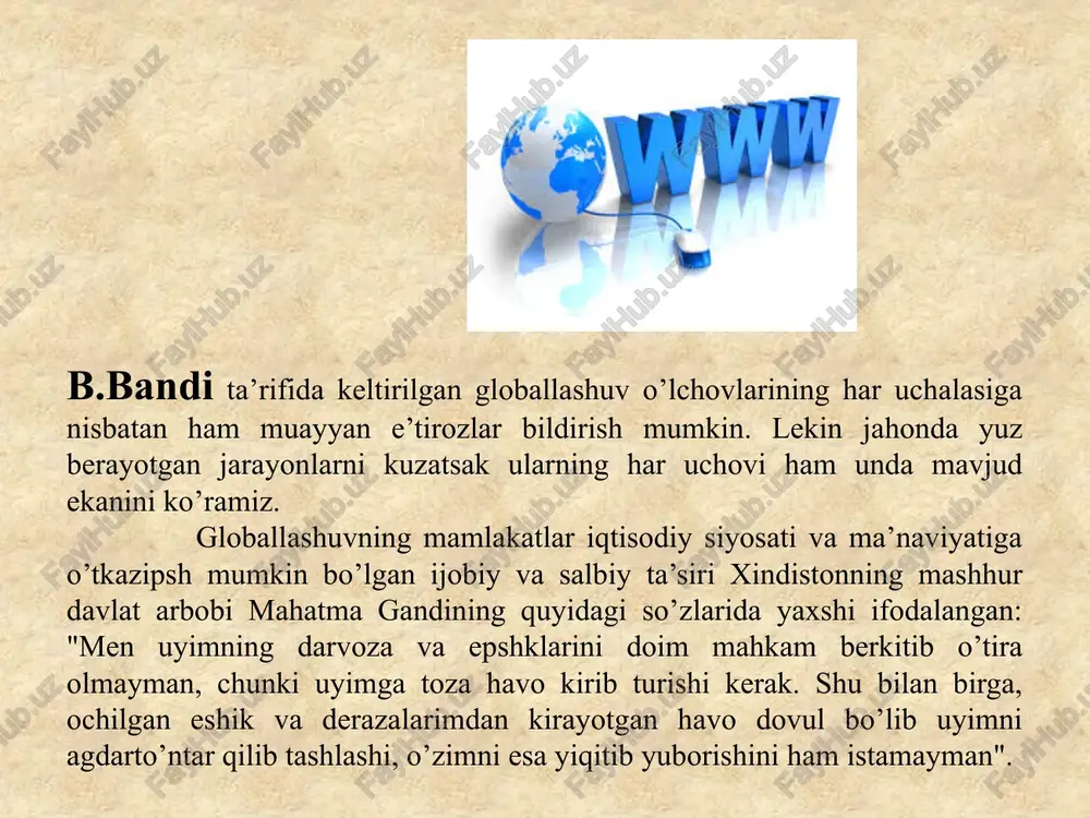 darajada topishi kerak. albatta, globallashuvning hatto eng asosiy jihatlari va yo’nalishlarini ham to’liq qamrab olish qiyin. shuning uchun mazkur bo’lim globallashuv va nyailliy ma’naviyatda globallashuvning milliy ma’naviyatga o’tkazayotgan va o’tkazishi mumkin bo’lgan ta’siri haqida fikr yuritamiz, xolos. ma’naviyatni ham bir uyga to’plangan boylikka qiyoslasak tashqaridan kirayotgan shamol uy ichidagi narsalarni ostinustin qilib tashlashini hyech bir xonadon sohibi istamaydi. xuddi shu kabi biz ham yot g’oyalar, oqimlar va mafkuralar ma’naviyatimizga vayronkor ta’sir o’tkazishiga qarshi himoya choralari ko’rishimiz tabiiy. chetdan o’tkaziladigan mafkuraviy ta’sirga qarshi himoya choralari ko’rishdan avval qanday ta’sirlarni ma’qullash lozimu, qandaylarini rad etish kerakligini aniqlab olish lozim. hozirgi kunda birorta ham milliy ma’naviyat yo’qki, u boshqa xalqlar ma’naviyatidan to’la ixrtalangan bo’lsa. xatto, avstraliya chakalakzorlari, afrika savannalari va janubiy amerika changalzorlarida turmush kechirayotgan qabilalar ham qo’shni qabilalar va zamonaviy tamaddun ta’sirini o’zida his qilib turadi. qolaversa, tarixni tahlil qilish boshqa xalqlar ma’naviyatidan baxramand bo’lgan xalqlar ma’naviyati yuksakliklarga ko’tarilganidan guvohlik beradi. albatta, …