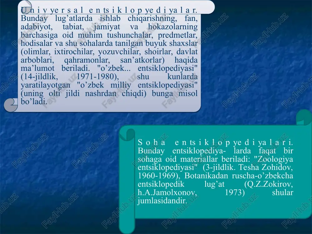 lining chappa lug’ati" (r.qo’ng’irov, a.tixonov, 1968) kabilar izohsiz lug’atlar, "o’zbek tili sinonimlarining izohli lug’ati" (azim hojiev, 1974), "o’zbekcha-ruscha lug’at" (bosh muharrir-prof.a.k.borovkov, 1959), "o’zbek tilining izohli lug’ati", ikki tomli (1981 y.) kabilar izohli lug’atlardir. ob’ekti (materiallarning qaysi sohaga yoki nimaga oidligi) jihatidan ham lug’atlar xilma-xil bo’ladi. chunonchi: a) terminologik lug’atlar: "ruscha-o’zbekcha fizik terminlar lug’ati" (m.d.yagudaev, r.x.mallin, 1952). "ruscha-o’zbekcha matematik terminlar lug’ati" (m.sobirov, 1952), "pedagogikadan qisqacha ruscha-o’zbekcha terminologiya lug’ati" (sh.boyburova, n.takanaev, 1963), "qisqacha ruscha-o’zbekcha iqtisodiy terminlar lug’ati" (o.aminov, j.do’stmuhamedov, a.usmonov, 1971), "turkiy tillarda qavm-qarindoshlik terminlari" (i.ismoilov, 1966) va h.k; b)frazeologik lug’atlar: "o’zbek tilining qisqacha frazeologik lug’ati" (sh.rahmatullaev, 1964); "o’zbek tilining izohli frazeologik lug’ati" (sh.rahmatullaev, 1978); "ruscha-o’zbekcha frazeologik lug’at" (m.sodiqova, 1972); "frazeologicheskiy slovar "hazoyin-ul maoniy" alishera navoi" (e.a.umarov, 1971) v)orfografik lug’atlar: "o’zbek adabiy tilining orfografik lug’ati" (s.ibrohimov, m.rahmonov, 1940), "imlo lug’ati" (olim usmon, 1941, 1949); "o’zbek adabiy tilining imlo lug’ati" (s.ibrohimov, m.rahmonov, 1956), "o’zbek tilining qisqacha imlo lug’ati" (f.kamolov, z.ma’rufov tahriri ostida, 1962), …