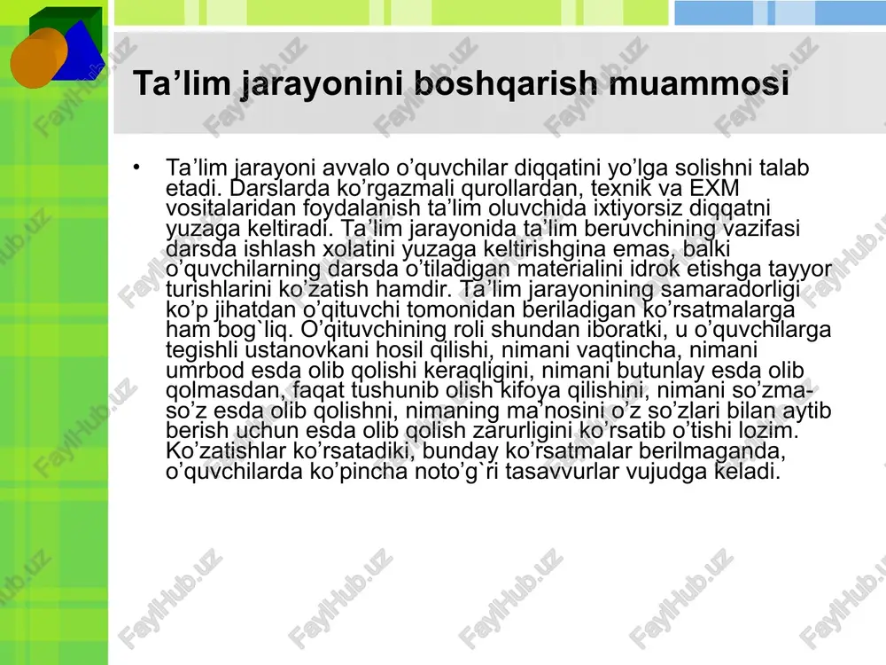 arga ega bo‘lganligi hisobga olinadi. baho bu o‘rinda samimiy, o‘zaro bir-birlarini to‘g‘ri tushunish asosida bo‘lishi kerak. to‘g‘ri munosabatlar shakllanishiga yakuniy yig‘in, «chaqmoq» chiqarish tarbiyalanuvchi xulqi va muammolarni muhokama etish, har bir vazifalarni bajarishda ayrim shaxs ishini baholash va to‘g‘ri tahlil etishdan iborat bo‘lmog‘i zarur. bolalar muhitida munosabatlarni to‘g‘ri boshqarish uchun ustoz tarbiyachiga jamoa ichidagi va jamoalar o‘rtasidagi bog‘liqliklarni, ziddiyatlarning kelib chiqish tabiatini bilish muhim hisoblanadi. jamoada shaxslararo muammolarni tadqiq etuvchilar bir necha qarama-qarshiliklarni ajratib ko‘rsatadilar. a) sinf jamoasining har bir a’zosini belgilab qo‘yilgan maxsus vazifasi bilan ayrim o‘quvchilar o‘rtasidagi ziddiyat; b) tashkilot faoliyatining asosiy rejasida belgilangan maqsad bilan, jamoaning har bir a’zosining shaxsiy maqsadlari o‘rtasidagi ziddiyat; d) axloqiy va huquqiy omillar o‘rtasidagi ziddiyat; e) bola tarbiyalanayotgan mikromuhitdagi ahloqiy tajriba bilan ijtimoiy axloq normalarining to‘g‘ri kelmasligi; f) tarbiyalanuvchida yetarli iroda sifatlarining, erinchoqlik (saranjom-sarishtalik)ning yetishmasligi, bir tomondan, tarbiyachining talabchanligi, ikkinchi tomondan, to‘g‘ri kelmasligi. adabiyotlar g`oziev e. psixologiya. t.1994. krutestkiy v.a. psixologiya obucheniya …