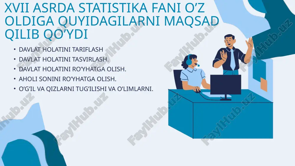 `rganadi. ayrim tarmoqlar va korxonalar statistikasi (sanoat statistikasi, qishloq xo`jaligi statis­tikasi, savdo statistikasi va hokazo), nazariy va iqtisodiy statistika ko`rsatkichlariga asoslanib, xalq xo`jaligining ayrim tarmoq va sohalari xususiyatlarini hisobga oladigan ko`rsatkichlar tizimini aniqlaydi va ularni hisoblash hamda tahlil qilish usullarini bayon etadi. presentation 2023 2-mavzu statistik kuzatish uslubiyati arowwai industries statistik kuzatish mohiyati va uning oldiga qo’yiladigan talablar 01 02 statistik kuzatish shakllari,turlari va usullari. 03 04 statistik kuzatishni tayyorlash uslubiyati statistik kuzatish xatolari va ularni tekshirish. 2.1. statistik kuzatish mohiyati va uning oldiga qo’yiladigan talablar objective n° 1 har qanday statistik tadqiqot uch bosqichni o`z ichiga oladi statistik kuzatish; objective n° 2 kuzatish materiallarini svodkalash va guruhlash objective n° 3 ·kuzatilayotgan voqeani har tomonlama tavsiflovchi-umumlash­tiruvchi ko`rsatkichlarni hisoblash va ularni tahlil qilish. mission statistik kuzatish ijtimoiy hodisalar va jarayonlar haqidagi ma`lumotlarni rejali, ilmiy, uyushtirilgan asosda to`plash jarayoni statistik kuzatish deb ataladi. u tekshirishning poydevori, birinchi va eng mas`uliyatli bosqichi hisoblanadi. …
