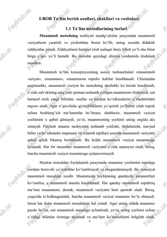 etodlari tasnifiga yaqinlashar ekan, quyidagi fikrni ta‘kidlaydi: «boshqa bir qator ta‘lim metodlari tasnifi ham mavjud. masalan, nemis didakti l.klinberg ta‘lim jarayonida metodlarni hamkorlik shakllari bilan uyg’unlashtirishga alohida urg’u beradi»1 va quyidagi metodlarni ko’rsatadi: monologik metodlar hamkorlik shakllari diologik metodlar ma‘ruza individual suhbatlar hikoya guruhli intervyu namoyish frontal - - jamoaviy - ta‘lim metodlari turli shakllar hamda xilma-xil ta‘lim vositalari yordamida joriy etiladi. ta‘lim jarayonida ta‘limning samaradorligini ta‘minlovchi muhim elementlardan biri sifatida ta‘lim vositalari e‘tirof etiladi. ta‘lim vositalari sirasiga quyidagilar kiradi: texnik hamda axborot qurilmalari (dioproektor, kinedoskop, uskunalar, radio, televidenie, kompyuter, audio hamda video magnitafonlar), laboratoriya jihozlari (kolbalar, probirkalar, kimyoviy reaktivlar, mikroskop), xarita, maketalar, diagrammalar, plakatlar, rasmlar, chizmalar va hokazolardan foydalaniladi. 1.2 ta‘lim metodlarining mohiyati va mazmuni. qayd etib o’tilganidek, ta‘lim metodlari tizimida og’zaki bayon qilish metodlari muhim o’rin tutadi. og’zaki mashqlardan ta‘lim jarayonida keng foydalaniladi. ular o’quvchilarning umumiy madaniyati, mantiqiy fikrlashi hamda bilish qobiliyatini rivojlantirish bilan bog’liqdir. shuningdek, og’zaki mashqlarning …