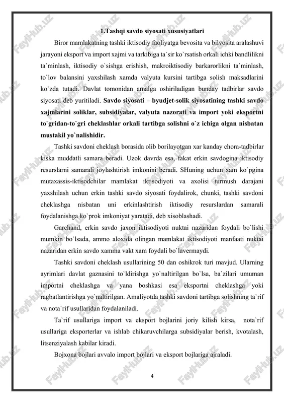 te`molchilarga ta`siri xalkaro savdoni tartibga solishda eng ko`p ko`llaniladigan usul bo`lib tarif, ya`ni importga solinadigan bojxona boji xisoblanadi. importga tariflarning maxsus va advalar turlari o`zaro farklanadi. maxsus bojlar import kilinayotgan tovarlar birligiga nisbatan o`rnatiladi. masalan, 1 barel neftga nisbatan 2 evro. advalar bojlar import kilinayotgan tovar kiymatiga nisbatan ma`lum foiz tarikasida belgilanadi. masalan avtomobil xarid narxining 40%. xar ikkala turdagi import tariflarning okibatlari deyarli bir xil bo`lib, buni biz kuyidagi grafik vositasida ko`rib chikamiz. aytaylik, import tariflari joriy kilingunga kadar ichki ishlab chikarish xajmi s1, ichki talab xajmi esa d1 teng bo`lgan. talab va taklif o`rtasidagi fark (d1-s1) import xisobiga koplangan. mamlakat iktisodiyoti yopik bo`lganida baxolar darajasi re ga teng, talab va taklif muvozanati esa e nuktada o`rnatilgan bo`lar edi. mamlakat iktisodiyoti ochik bo`lgani va importga cheklovlar yo`kligi tufayli milliy bozordagi narxlar jaxon bozori narxlari rw bilan bir xil. importga tarif joriy kilinishi import kilinadigan tovarning ichki baxosi = jaxon …