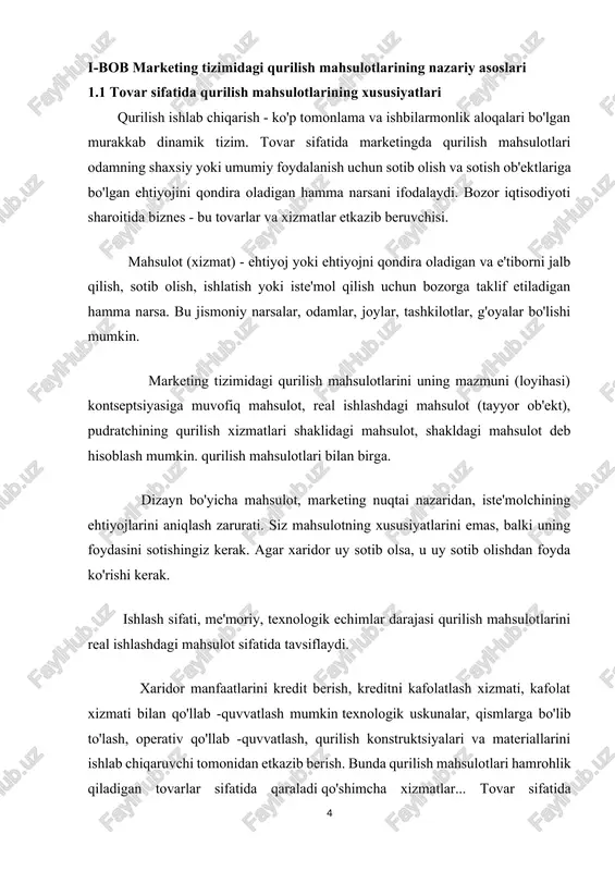 romadlar). marketing faoliyatini ko'rib chiqayotganda, mahsulot sifatida qurilish mahsulotlarining xususiyatlariga to'xtalib o'tish kerak. xususiyatlarga quyidagilar kiradi: harakatlanmaslik, harakatsizlik, u yaratilgan davrda ham, butun faoliyat davrida ham; hayot tsikli odatda mahsulotlarga qaraganda uzunroq. sanoat ishlab chiqarish hatto bardoshli; kapitalning yuqori intensivligi ko'chmas mulk ob'ektlarining potentsial xaridorlari doirasini cheklaydi; ko'chmas mulk ob'ektlariga individual talab; shaxsiylashtirishning yuqori darajasi talabning egiluvchanligiga sezilarli ta'sir ko'rsatadi. qurilish mahsulotlarini ilgari surish quyidagi xususiyatlar bilan tavsiflanadi: tarqatish va tarqatish kanallari ishlab chiqaruvchi va iste'molchi o'rtasidagi bevosita aloqalar bilan tavsiflanadi; yangi yaratilgan mahsulotlarni sotish ob'ektlarni sotish bozorida amalga oshiriladi, bu erda u ikkilamchi ko'chmas mulk bozorining jiddiy raqobatiga javob beradi; kechiktirilgan iste'mol mahsuloti bo'lishi mumkin; pudratli mehnat bozorining rivojlanishi hududning ijtimoiy-iqtisodiy rivojlanishiga bog'liq; mahsulotni ishlab chiqish muddati dizayn qarorlarini asoslashni, vaqt faktorini hisobga olgan holda aniq moliyalashtirishni talab qiladi; mahsulotning hayot aylanishi bitta buyurtma bilan cheklangan; ko'p sonli ishtirokchilarni qurilish mahsulotlarini yaratishga jalb qilish. shunday qilib, qurilish mahsulotlarining o'ziga …