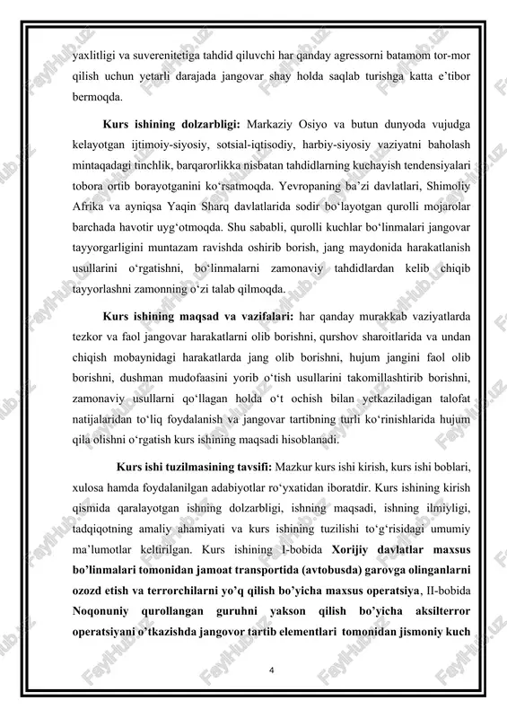 ar ro‘yxatidan iborat. i-bob xorijiy davlatlar maxsus boʻlinmalari tomonidan jamoat transportida (avtobusda)garovga olinganlarni ozod etish va terrorchilarni yo’q qilish bo’yicha maxsus operatsiya 1.1 jamoat transportida (avtobusda ) ozod etish usullari va ular bilan muzokaralar olib boorish tartibi jamoat transporti (avtobus)garovga olinganlarni qutqarish operatsiyalari qurolli jinoyatchilarni qo'lga olish uchun o'tkaziladigan operatsiyalarga o'xshaydi, chunki ko'pincha garovga olinganlarni xavfsiz ozod qilishdan oldin terrorchilarni zararsizlantirish amalga oshiriladi. shu bilan birga, jinoyatchilarning taktikasidan kelib chiqadigan bir qator muhim xususiyatlar mavjud, shuningdek, aksariyat hollarda ular garovga olinganlarga zarar etkazishdan manfaatdor emasligi va faqat alohida holatlarda, o'z qurbonlarini hisobga olgan holda bunday qadamga kirishadi. faqat maqsadlarga erishish vositasi yoki muzokaralar predmeti sifatida huquqni muhofaza qilish organlari bilan ular tomonidan ilgari surilgan talab va shartlar yuzasidan (savdolashish). garovga olingan — qamoqqa olingan shaxsni ozod qilish sharti sifatida davlat, tashkilot yoki shaxslarni biron-bir harakat qilishga yoki biror harakat qilmaslikka majburlash maqsadida asirga olingan va (yoki) ushlab turilgan shaxs. jamoat …