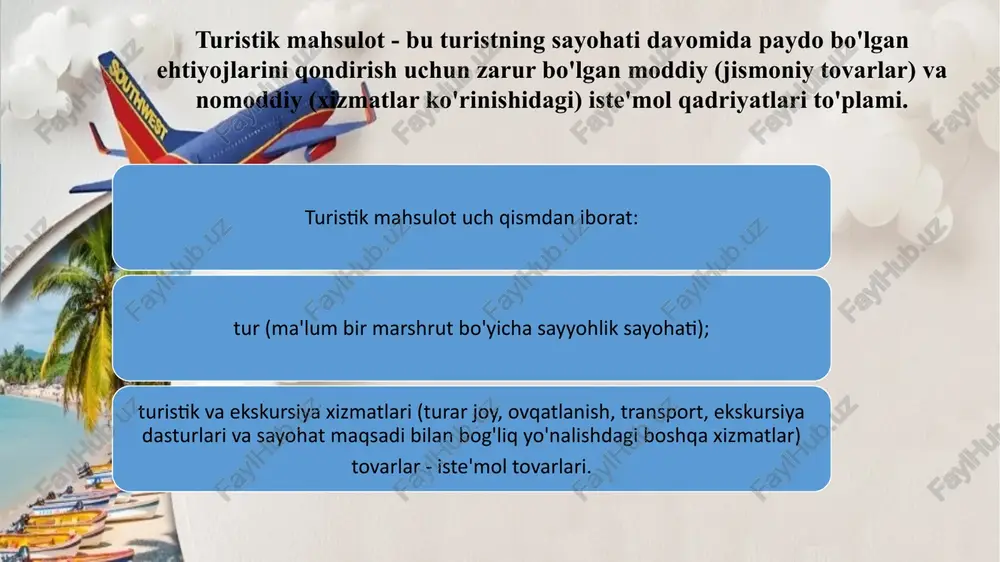 i. davlat turizm tashkilotlarining asosiy vazifalari quyidagilardan iborat: hududlar kesimida turizm mahsulotlariga talab infratuzilmasini yaratish; - kichik va o'rta biznesga yordam va maslahat yordami. soliq va mehnat qonunchiligining turizm sohasi manfaatlarini ko‘zlab rivojlanishiga ta’sir ko‘rsatish; sayyohlik industriyasida xalqaro xizmatlar standartlarini joriy etish; kirish, chiqish va ichki turizmni rivojlantirishga xizmat qiluvchi yangi turistik mahsulotlarni shakllantirish; yuqori sifatli turistik mahsulotni ilgari surish uchun agentlar tarmog‘ini yaratish; xorijiy va rossiyalik turistlarni qabul qilish va ularga xizmat ko‘rsatish sifatini oshirish; turizm sohasida marketingni qo'llash va samarali rivojlantirish shartlari. 1. bozorning turistik xizmatlar bilan chuqur to‘yinganligi; 2. turizm sohasida firmalar o'rtasida raqobatning mavjudligi; 3. erkin bozor munosabatlari; 4. sayyohlik firmalarining erkin faoliyati. image2.png image1.jpg kamep-oati ‘aneene viprenoi pangs "pcroner yer viparnow auperoma "ypucrone or aaupat hexaogpe cost ‘ae iaprenosreppopsnperucios /docprops/thumbnail.jpeg turizm faoliyatida marketing konsepsiyasi