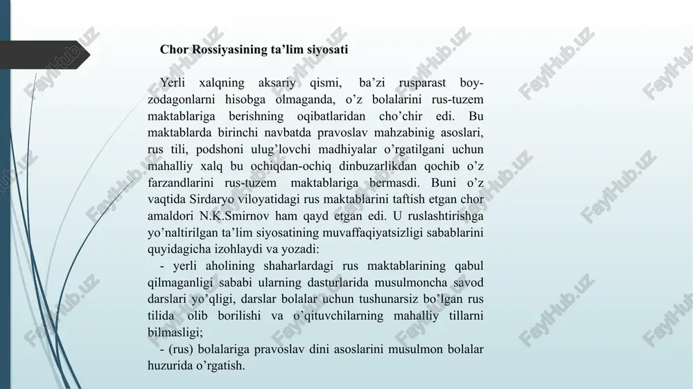 si esa etborsiz qoldi rildi. 1893-yil 8-iyunda u yana samarqand orqali buxoroga qaytb borgan va amir bilan uchrashib, e.j.laxzarining ko’rsatishicha, uni yangi usuldagi bir maktab o’hishga ko’ndirgan. ikkinchi usuli jadid maktabini 1898 yilda qo’qonda salohiddin domla ochdi. shu yili to’qmoqda ham yangi usul maktabi paydo bo’ldi. mahmudxo’ja behbudiy, munavvar qori, abdulla avloniy, abduqodir shakuriylarning yangi usul maktablarini tashkil etishdagi ma’rifatparvarlik xizmatlari xx asr boshlarida toshkent, samarqand, buxoro, farg’ona vodiysi shaharlarida o’nlab “usuli jadid” maktablari ochildi. uni bitrganlar orasidan turkiston manaviy-marifiy dunyosini milliy uyg’onishiga kuchli ijobiy tasir qiladigan zabardast namoyandalar etshib chikdi. ularning “birinchisi”, “turkiston jadidlarining otasi” – mahmudxo’ja behbudiydir. maxmudxo’ja behbudiy (1874-1919) turkistonda jadidlar xarakati asoschilaridan biri, jaxonga mashxur bo’lgan o’zbekning yagona jo’g’rofiyashunosi, atoqli jamoat arbobi, buyuk islomshunos, ulug’ pedagog va axloqshunos, yuksak didli jurnalist, maxmudxo’ja bexbudiy 1874 yil 10 martda samarqandning baxshitepa qishlog’ida ruxoniy oilasida tavallud topdi. maxmudxo’ja 6-7 yoshlarida o’qib xat-savod chiqargach, otasi uni qori qilish maqsadida qur’onni …