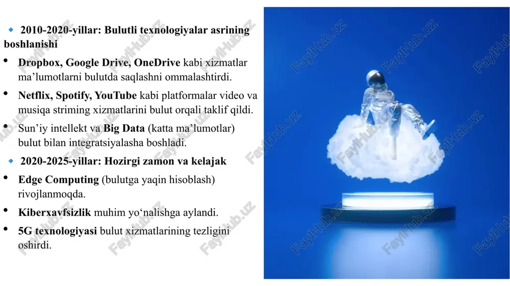 un barcha kerakli vositalar ushbu xizmat orqali taqdim etiladi. xususiyatlari: ✔ dasturchilar kod yozish va ilovalarni yaratish uchun tayyor platformaga ega bo‘ladilar. ✔ serverlar, ma’lumotlar bazalari va operatsion tizimlar bulut provayderi tomonidan boshqariladi. ✔ muhitni sozlash va texnik xizmat ko‘rsatish jarayoni avtomatlashtirilgan. afzalliklari: ✔ tez ishlab chiqish – dasturchilar infratuzilmani boshqarish o‘rniga bevosita dastur kodiga e’tibor qaratadilar. ✔ moslashuvchanlik – turli dasturlash tillarini qo‘llab-quvvatlaydi. ✔ xarajatlarni kamaytirish – maxsus serverlar va texnik infratuzilma uchun xarajat talab qilinmaydi. kamchiliklari: ✖ cheklangan nazorat – platforma provayder tomonidan boshqariladi. ✖ moslik muammolari – har bir paas provayderi o‘ziga xos vositalarni taqdim etadi, bu esa moslik muammolariga olib kelishi mumkin. misollar: google app engine, microsoft azure app services, amazon aws elastic beanstalk, heroku 3. iaas (infrastructure as a service) – xizmat sifatida infratuzilma iaas – foydalanuvchilarga virtual serverlar, tarmoq resurslari, saqlash xotiralari va boshqa infratuzilma xizmatlarini taqdim etuvchi bulutli xizmat turi. bu modelda foydalanuvchilar …