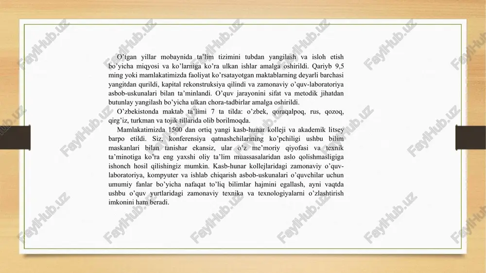 itish va mustaqil ta’limning ommalashuvi. ta’lim olganlikni tashxis etishning yangi vositalari (reyting tizimi, monitoring)ning amaliyotga tatbiq etilishi. i.a.karimov asarlarida jamiyat rivojining ma’naviy-axloqiy negizlari va yuksak ma’naviyatli shaxsni shakllantirishga doir kontseptual fikrlarning ifoda etilishi jamiyatda kechayotgan ijtimoiy islohotlarning samaradorligi uning fuqarolari ega bo’lgan ma’naviyatga bog’liq. shu bois mustaqillikning dastlabki yillaridanoq o’zbekiston respublikasi birinchi prezidenti i.a.karimov jamiyat rivojlanishining ma’naviy-axloqiy negizlarini aniq belgilab berdi. bular: umuminsoniy qadriyatlarga sodiqlik; xalqimizning ma’naviy merosini mustahkamlash va rivojlantirish; insonning o’z imkoniyatlarini erkin namoyon qilishi; vatanparvarlik. i.a.karimov “o’zbekistonning siyosiy-ijtimoiy va iqtisodiy istiqbolining asosiy tamoyillari” asarida esa, ajdodlarimiz komil insonni tarbiyalashga doir boy meros qoldirganligini alohida ta’kidlab o’tadi: «qadimgi ajdodlarimiz, – deydi i.karimov, – komil inson haqida butun bir axloqiy talablar majmuasini, zamonaviy tilda aytsak, sharqona axloq kodeksini ishlab chiqqanlar. kishi qalbida haromdan hazar, nopoklikka, adolatsizlikka nisbatan murosasiz isyon bo’lishi kerak. shunday odamgina lafzini saqlaydi, birovning haqqiga xiyonat qilmaydi, sadoqatli bo’ladi, vatani, xalqi uchun jonini fido etishga ham o’zini …