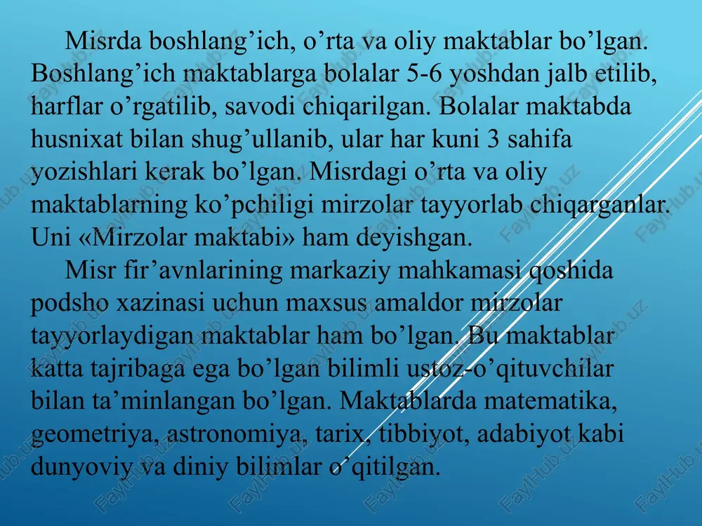 edilar (men o’qitaman degan ma’nodagi «didasko» so’zidan, keyinroq «didaktika» ta’lim nazariyasi kelib chiqqan). spartadagi kabi afina maktablarida ham o’quvchilar bilan siyosiy va axloqiy masalalarda suhbatlar o’tkazilgan, o’qish tekin bo’lgan. «gimnasiy» maktabida polestra maktabini tugatgan badavlat o’lla farzadlari tahsil olganlar. ularga falsafa, siyosat, adabiyot fanlari o’rgatilgan. bu maktabni tugatgan yoshlar davlatni boshqarishda qatnashishlari mumkin bo’lgan. «efeb» maktabida 18-20 yoshga qadar tahsil olganlar. bu maktabda harbiy hizmatga tayyorlanar va o’zlarini siyosiy bilimlarini oshirishni davom ettirar edilar. bu maktabda istehkomlar qurishni, harbiy aslahalarni ishlata bilishni, garnizonlarda xizmat qilishni, dengizchilik o’rgatilgan. bundan tashqari «demos» (xalq) maktabi ham mavjud edi. afinada quldorlik jamiyati ichida tabaqalanishning tarbiya sohasiga o’tkazgan ta’siri shundan iborat bo’ladiki, mukammal tarbiya olish faqat badavlat quldorlarning bolalarigagina xos bo’lib qoldi. aholining ko’pchiligi bolalarini maktablarda o’qita olmaganligi sababli ularga kasb — hunar o’rgatar edilar. ayrim xat savodli kishilar bolalariga o’zlari hat savod o’rgatganlar. bu usul ham davlat tomonidan qonunlashtirib qo’yilar edi. qadimgi yunoniston faylasuflari …