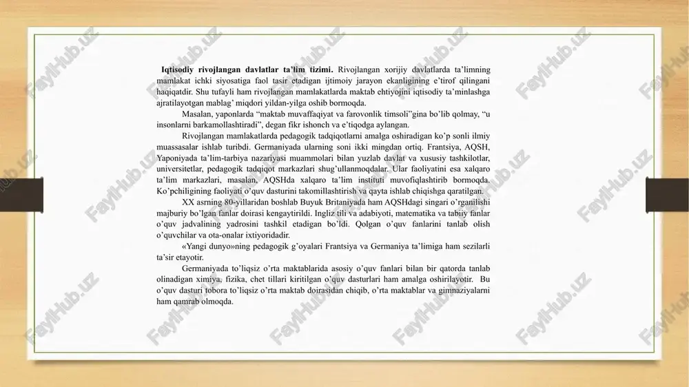 arning tig’izligini kuzatish mumkin. har sinfda 50 nafargacha bola o’qiydi. dars nagruzkalari ham ko’proq. lekin o’yinlar dam olish o’quv dasturiga kiritilgan. shuning uchun dam olishga imkoniyat bor. boshlang’ich maktabda dars 40 minut davom etadi. o’rta maktabda esa darslar 45 minut. oliy maktabda darsning davomiyligi 50 minutga teng. bu yerda ikki muhim jixatga to’xtalib o’tish zarur. oliy maktabga, albatta, kirish imtixonlari topshirib kiriladi, o’qishlar pullik. aqsh ta’lim tizimi amerika qo’shma shtatlarida bolalar 6 yoshdan 17 yoshgacha 12 yil o’qiydilar. ta’lim tizimi quyidagicha tashkil etilgan: 1. 3 yoshdan 5 yoshgacha maktabgacha tarbiya muassasalarida. 2. boshlang’ich maktab. bu bosqich 1—5-sinflarni o’z ichiga oladi. 3. to’liq bo’lmagan o’rta maktab. bu bosqich 6—9-sinflardan iborat. 4. yuqori maktab. bu bosqich 10—12-sinflar bo’ladi. mazkur yuqori maktab bilan oliy ta’limni aralashtirmaslik kerak. amerika maktablarida 9-sinfgacha asosiy e’tibor matematikaga emas, balki tabiiy fanlarga qaratiladi, yuqorida tasdiqlangan yagona dasturlar bo’lmaydi. o’quvchilar uchun yagona, majburiy darsliklar, qo’llanmalar yo’q. amerika maktablarida texnikaviy …