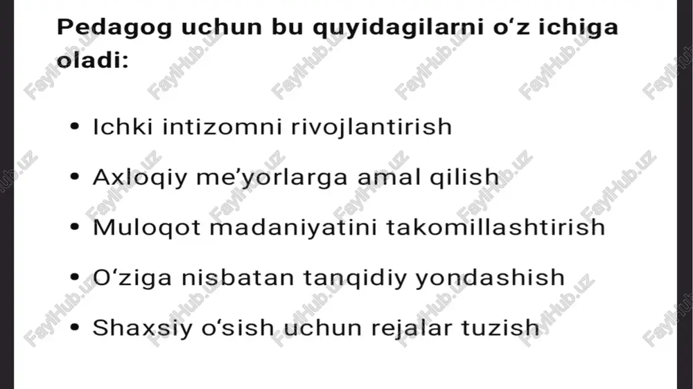 tizimi doimiy yangilanish va takomillashuvni talab giladi. o‘qituvchi faqat an’anaviy usullar bilan cheklanib qolmasdan, ilg‘or tajribalarni o'rganib, amaliyotda qo'llash orgali dars samaradorligini oshirishi mumkin. iig‘or pedagogik tajriba — bu innovatsion yondashuvlar asosida shakllangan muvaffaqiyatli dars uslublari va metodlaridir. iilg‘or tajriba — bu: ¢ amaliyotda sinovdan o‘tgan, ¢ natijadorligi yuqori bo‘lgan, ¢ yangilik va ijodkorlikka asoslangan, ¢ boshqalarga o‘rnak bo‘la oladigan dars va tarbiya metodlari yig‘indisidir. masalan: ¢ interaktiv dars metodlari (klaster, debat, “akvarium” usuli) ¢ steam yondashuvi (fan, texnologiya, muhandislik, san’at, matematika) * differensial o'qitish * portfolio texnologiyasi o‘qituvchining o'z ustida ishlashi orqali: ¢ tajribali hamkasblar darslarini kuzatish ¢ seminar, konferensiya va treninglarda qatnashish ¢ metodik adabiyotlarni o‘qish ¢ o'z darslarini tahlil qilish va takomillashtirish ¢ maktablararo tajriba almashinuvida ishtirok etish 4. ilg‘or tajribani amaliyotda qo‘llash bosgichlari: 1. tajribaning dolzarbligini aniqlash (bu tajriba men o’gitayotgan fan va yosh guruhiga mos keladimi?) 2. tajribaning mohiyatini chuqur o‘rganish (u qanday metodlar, bosqichlar …