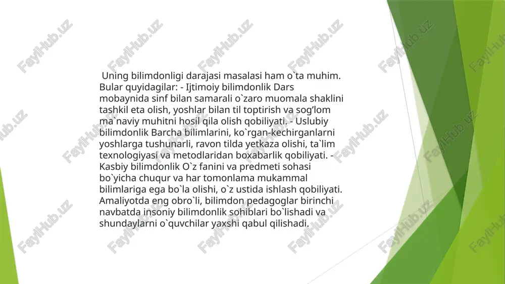 aqtinchalik ruhiy holatlarini juda yaxshi tushuna bilish bilan bog’lik bo`lgan psixologik kuzatuvchanlik. bunday o`qituvchi kichkinagina alomatlar, uncha katta bo`lmagan tashqi belgilar asosida o`quvchining ruhiyatidagi ko`z ilg’amas o`zgarishlarni ham faxmlab oladi. o`quvchilar bunday o`qituvchi haqida: «qaramayotganga o`xshaydiyu, hamma narsani ko`rib turadi!», «o`quvchining xafa bo`lganligini yoki dars tayyorlamayotganligini ko`zidan biladi!» - deydilar. e’tiboringiz uchun rahmat! /docprops/thumbnail.jpeg