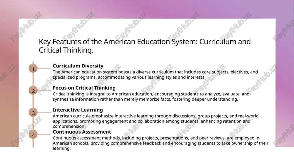 them adept and adaptable in a dynamic workforce. lessons from american curriculum diversity for uzbekistan's reforms. curriculum flexibility american education promotes adaptable curricula, allowing schools to tailor programs to local needs, fostering student engagement and diverse skill sets. emphasis on stem the u.s. prioritizes stem education, equipping students with essential skills for a technology-driven world, which could enhance uzbekistan's educational focus on innovation. inclusive education diverse curricula in america include multicultural perspectives, promoting inclusivity. uzbekistan could benefit from integrating various cultural viewpoints, enhancing tolerance and understanding among students. adapting curriculum diversity: lessons from the american education system for uzbekistan. 1 curriculum flexibility american education promotes flexible curricula, allowing schools to adapt to local needs and student interests, fostering engagement and personalized learning pathways. 2 diverse subject offerings the u.s. system emphasizes diverse subjects, from arts to sciences, encouraging students to explore various fields, which can enrich uzbekistan's educational approach and …