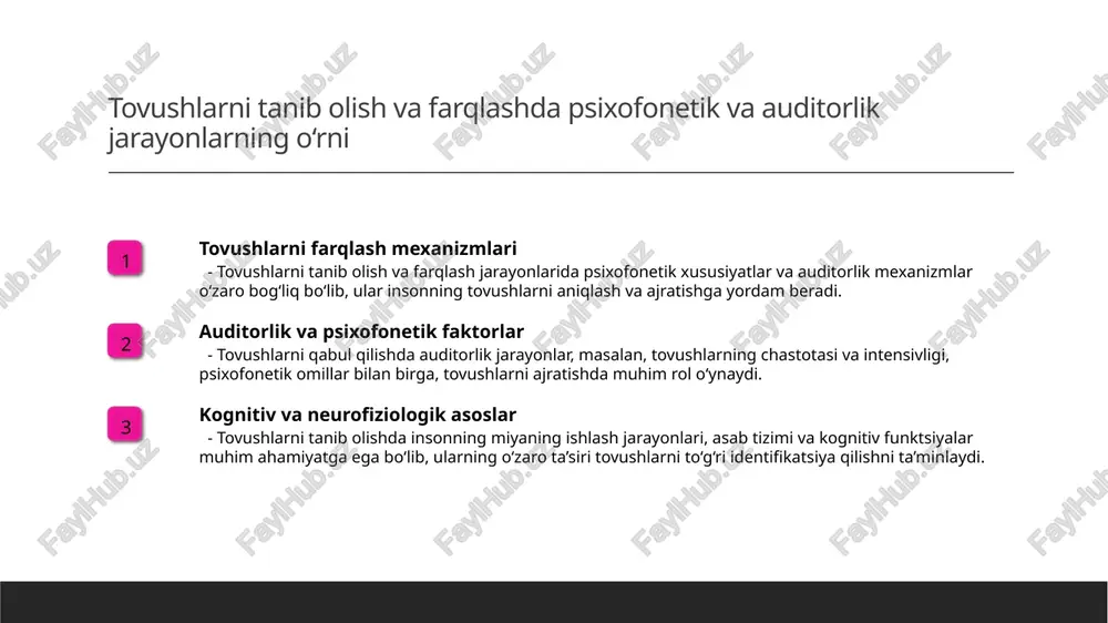 a makrofarqlar - tovushlarni farqlashda inson mikrova makrofarqlarga e'tibor qaratadi, bu esa til va muloqotda to‘g‘ri tushunishni ta'minlaydi va muloqot jarayonini rivojlantiradi. amaliy muloqotda tovushlarni tushunish va ularning kommunikatsiyadagi roli 1 tashqi ta’sirlar amaliy muloqotda tovushlarni tushunish jarayoniga atrof-muhit shovqini, talaffuz odatlari va kontekst ta’sir qiladi, bu esa to‘g‘ri anglash uchun muhimdir. 2 kommunikatsiya samaradorligi tushunish tovushlarni to‘g‘ri nazarda tutish va javob berish bilan bog‘liq bo‘lib, muloqotni samarali qilish uchun tovushlarni to‘g‘ri qabul qilish zarur. 3 tashqi va ichki omillar muloqotda tovushlarni anglashda shaxsning diqqat, eshitish qobiliyati va psixologik holati muhim rol o‘ynaydi, bu esa kommunikatsiya sifati bilan bog‘liq. 4 tug‘ma va o‘rgatilgan tovushlar ba’zi tovushlar tug‘ma bo‘lib, ularni tushunish uchun trening va amaliyot zarur, bu esa til va muloqot rivojida muhim ahamiyatga ega. xulosa 1 ovozli fonetika va tovushlarni qabul qilish jarayoni ovozli fonetika inson tovushlarini qabul qilish, tanib olish va tushunish jarayonlarini o‘rganadi, bu muloqot va til rivojlanishining …