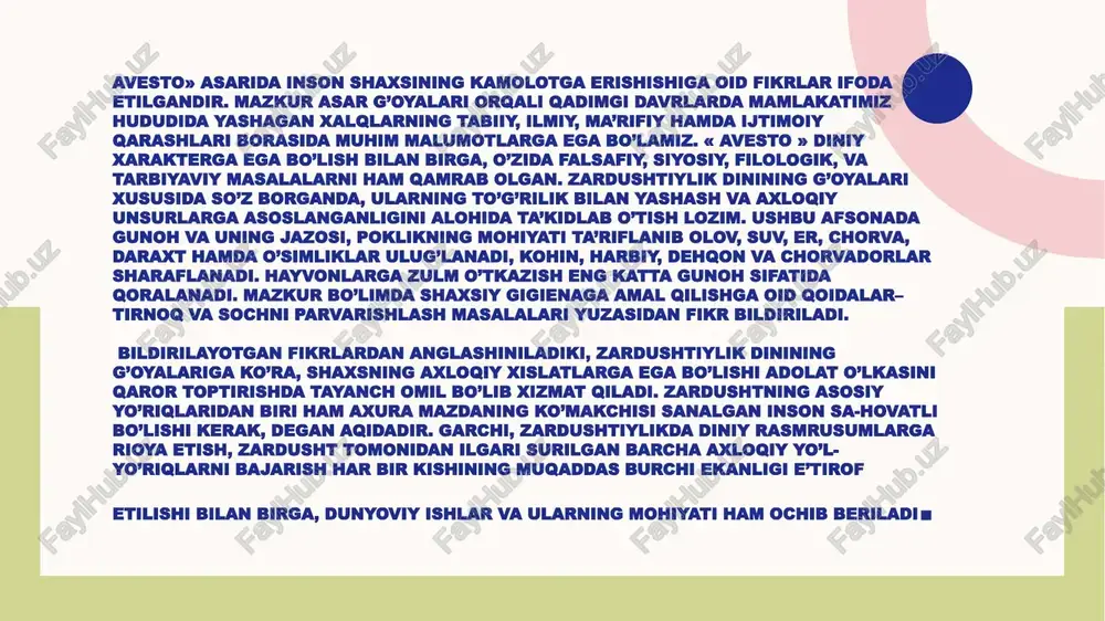 oyalarining nazariy va amaliy ahamiyatini oshirib, uning qimmati bugungi kunda ham yuqori bolishiga olib kelgan . yaxshilik va yomonlik o’rtasidagi kurash «avesto»ning bosh g’oyasidir. yaxshilik ramzi – yakka xudo axura mazda, yomonlik ramzi – ahramandir. hozirgacha «avesto»ning ikki varianti mavjud. birinchisi faqat «avesto»ning o’zidan iborat . tisht – xalq o’rtasida asrlar o’tishi davomida «sust» nomi bilan o’zgargan. o’zbek xalq og’zaki ijodidagi «sust xotin» qo’shiqlarida tishtar obrazi yaratilgan. qurg’oqchilik kelgan yillarida dehqonchilik bilan shug’ullanadigan odamlar tishtar – yomg’ir tangrisidan yordam so’raganlar. bu marosim o’ziga xos ko’rinishda o’tkazilgan: dehqonchilik bilan shug’ullaniladigan joylardagi ayollar to’planishib, odam shaklidagi qo’g’irchoqqa kampirning ko’ylagini kiygizishib, «sust xotin» qo’shig’ini aytishgan va o’z qo’ni-qo’shnilarinikiga kirishgan. uy egalari qo’g’irchoqqa suv sepishgan, «sust xotin» qo’shig’ini aytganlarga xayr–sadaqa berishgan. quyidagi parchada yaratilgan sust xotin obrazi «avesto»dagi suv xudosi tishtar mifologiyasiga bog’lanadi. 7 xulosa qilib aytganda, «avesto» asarida insonning barkamol bo’lib etishishida uning so’zi, fikri hamda ishi ezgu bo’lishi va ezgulikning tantanasi uchun …