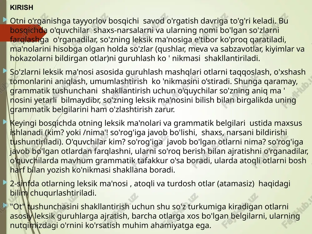 yon qilishda otning kelishik shakllaridan ongli foydalanish va kelishik qo'shimchalarini to'g'ri yozishga o'rgatish hisoblanadi. bu sinfda ot quyidagi izchillikda o'rganiladi : 1) otlarning kelishiklar bilan turlanishi haqida tushuncha berish; 2) ko'plikdagi otlarning turlanishini o'rgatish ; 3) har bir kelishikning xususiyatlarini alohida o'rganish va u bilan bog'liq holda kelishik qo'shimchalarining yozilishi haqida ko'nikma hosil qilish. 1.3. o’quvchilarning og’zaki va yozma nutqini o’stirishda mustaqil ishlardan foydalanish. ona tili darslarida bog’lanishli nutqni o’stirish o’quvchilarning fikrlash qobiliyatini rivojlantiradi? ularning tafakkurini kengaytiradi. shuning uchun o’qituvchi “… o’tilgan tema asosida o’quvchilarning nutq ko’nikmasini o’stirishga e’tibor berishi lozim”1. ayrim o’qituvchilar mustaqil ijodiy yetarli e’tibor bermaydilar. natijada o’quvchilar o’z fikrlarini og’zaki va yozma bayon qilishda qiynaladilar. kuzatishlar ko’p hollarda og’zaki nutqi har tomonlama o’sgan o’quvchilarning yozma nutqi ham rivojlangan bo’lishini ko’rsatmoqda. iv-viii sinflarda o’quvchilarning bog’lanishli nutqini o’stirish maqsadida turli xaakterdagi mustaqil ishlardan foydalaniladi. jumlada, ma’lum bir grammatik qoida asosida tekst mazmunini qayta hikoya qilish; rasmlar, diafilm`lar, kinofil`mlarda ko’rganlari …