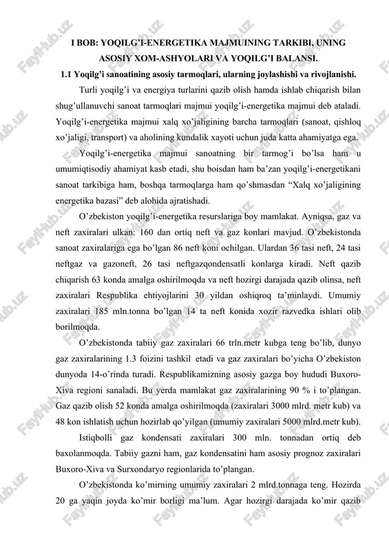 lg’i 2 kl vt elektr energiyasiga teng deb ham olinadi. neft va tabiiy gazning issiqlik koeffitsiyenti 1,5 ga, toshko’mirniki 1,0 ga, qo’ng’ir ko’mirniki 0,43 ga va o’tinniki 0.40 ga teng. shuni ham bilish muhimki, neft va gaz sanoatidagi kapital xarajatlari ko’mir sanoatidagiga qaraganda 3 barobar kam, neft qazib chiqarish tannarxi ko’mir tannarxidan 3-4 barobar, gaz qazib chiqarish tannarxi esa 10-15 hissa pastdir. turli yoqilg’i xillarini iste’mol qilish yoqilg’i balansi deb yuritiladi va bu borada ham katta o’zgarishlar ro’y berdi (% hisobida) yoqilg’i turlari 1960 y. 1970 y. 1980 y. 2006 y. ko’mir 57,2 20,2 7,7 5,4 neft 22,0 9,9 8,6 6,9 gaz 8,6 64,6 79,6 84,9 yoqilg’ining boshqa turlari (yog’och, g’o’zapoya, koks va boshqa) 12,2 5,3 4,1 2,8 yoqilg’i sanoatining asosiy tarmoqlari, ularning joylashishi va rivojlanishi. turli yoqilg’i turlarini qazib chiqarish, neft va gazni qayta ishlash yoqilg’i sanoati tarkibiga kiradi. o’zbekiston yoqilg’i sanoati 3 tarmoqdan iborat: 1. neft sanoati; 2. …