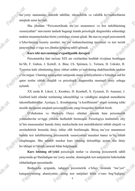 aniqlash; 3. test tarkiblarining asosiy tuzilma elementlarini va ularning psixometrik ko‘rsatkichlarini o‘rganish; 4. testlarning ishonchliligi va validligini baholash usullarini tahlil qilish; 5. me’yor muammosining test natijalariga ta’sirini aniqlash hamda uni bartaraf etish yo‘llarini ko‘rsatish; 6. o‘zbek psixodiagnostikasida milliy me’yorlar yaratish zaruriyatini asoslash. kurs ishining tarkibiy tuzilishi: kurs ishi kirish, ikki asosiy bob, xulosa hamda foydalanilgan adabiyotlar ro‘yxatidan iborat. i-bob. psixometrikada me’yor muammosining nazariy asoslari 1.1. psixometrika fanining predmeti, vazifalari va asosiy tushunchalari psixologiya fanining zamonaviy rivojlanish bosqichida shaxsning individual-psixologik xususiyatlarini aniq va ishonchli o‘lchash, ularni miqdoriy ifoda bilan belgilash zaruriyati tobora ortib bormoqda. inson faoliyati, tafakkuri, hissiyoti, xulqi yoki qobiliyatlari singari murakkab psixik jarayonlarni faqat so‘z yoki kuzatish orqali emas, balki ilmiy o‘lchov vositalari yordamida tahlil qilish psixologik tadqiqotlarda obyektivlikni ta’minlaydi. ana shu zaruriyat natijasida psixometrika fani shakllandi. psixometrika (yunoncha psyche – ruh, metron – o‘lchov) — bu psixik hodisalarni o‘lchash, testlash, statistik tahlil qilish va baholash usullarini o‘rganuvchi fan …