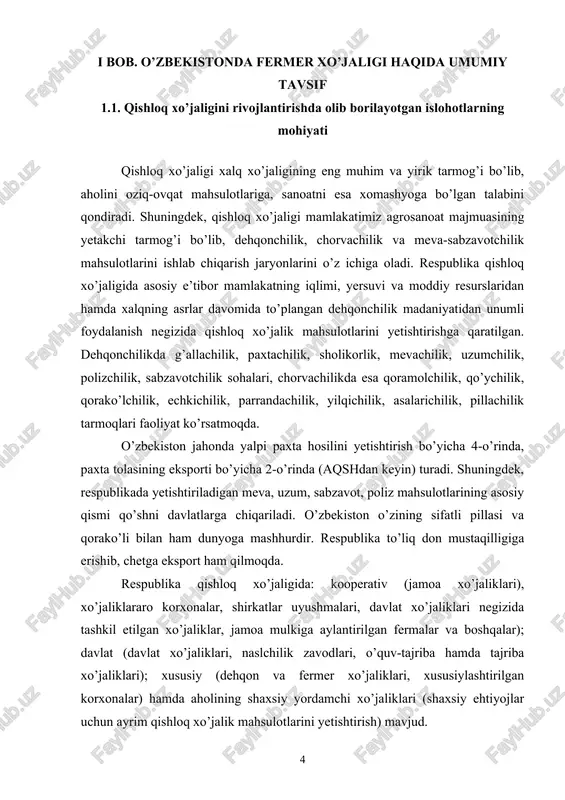 otlarni yanada chuqurlashtirish, xususiy mulk manfaatlarini himoya qilish va tadbirkorlikni rivojlantirish chora-tadbirlari to’g’risida»gi farmoni, respublika vazirlar mahkamasining 1995-yil 24-martdagi «chorvachilikda xususiylashtirishni davom ettirish va xususiy tadbirkorlikni qo’llab-quvvatlash chora-tadbirlari to’g’risida»gi va boshqa qarorlari iqtisodiy islohotlarni chuqurlashtirish, bozor tamoyillarining erkin ishlashi uchun shart-sharoitlar yaratish, xo’jaliklarni nodavlat shakllariga aylantirish, mahsuldorligi past chorva fermalarini jamoaga mulk qilib berish yo’li bilan qishloq xo’jaligida islohotlarni yanada chuqurlashtirishga, dehqon va fermer xo’jaliklari, o’rta va kichik biznes ishini yo’lga qo’yishga keng imkoniyatlar ochib berdi. dehqonchilikda kartoshka, meva-sabzavot mahsulotlari, chorvachilikda sut, go’sht, tuxum, teri va jun mahsulotlarini erkin (kelishilgan) narxlarda sotish joriy etildi. bu esa xo’jaliklarga o’zlari yetishtirgan mahsulotlardan ixtiyoriy foydalanishga imkoniyat yaratdi. davlat buyurtmasi faqat paxta, don, sholiga nisbatan saqlanib qoldi. olib borilgan tadbirlar xo’jalik yuritish mexanizmini takomillashtirishga, xo’jaliklarni iqtisodiy jihatdan mustahkamlashga, qishloq mehnatkashlari turmush darajasini yaxshilashga hamda xo’jaliklarda qishloq xo’jaligi mahsulotlarini qayta rivojlantirishga keng yo’l ochib beradi. dehqon, fermer o’zi hosil to’plab, uni yig’ish bilan shug’ullanmasa, ish …