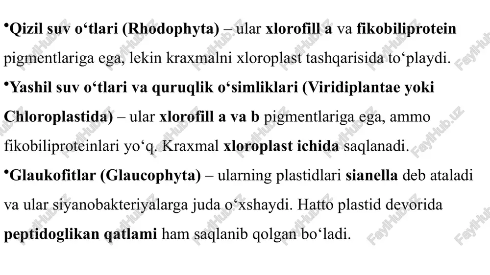 ashda yo'q) polifiletik guruh (yunoncha polys = ko'p va phylo n = tur yoki qabiladan) bitta umumiy ajdod tomonidan belgilanmagan guruhdir. taxon a, takson b, takson e va h taksoniga to'rtta tayinlangan turni tasavvur qiling. aytaylik, ushbu to'rtta takson va to'rtta qo'shimcha taksonning filogenetik tahlili yuqorida tasvirlangan munosabatlar gipotezasini ochib berdi. bunday daraxt bu turni polifiletik qiladi, chunki to'rt turning umumiy ajdodi (7-tugun) guruhning bir qismi emas. bundan tashqari, polifiletik guruhning daraxt bo'ylab keng tarqalganligini ko'rish mumkin. agar umumiy ajdod ta'rifga kiritilgan bo'lsa ham, guruhni monofiletik qilish uchun c, d, f va g taksonlarini kiritish kerak bo'ladi. arxeplastidlar – bu bikontlar (ya’ni ikkiqamchili organizmlar) super-guruhining uchdan ikkinchi bo‘lagi hisoblanadi. birinchi super-guruh – ekskavatlar. arxeplastidlar esa ilgari o‘simliklar podsholigi tarkibiga kiritilganlarning katta qismini, shuningdek, o‘sha davrlarda yuksak o‘simliklar (moxlar, paporotniklar, plaunlar, urug‘li o‘simliklar) deb atalgan organizmlarning barchasini o‘z ichiga oladi. ushbu super-guruhning asosiy xususiyati uning nomida ham ifodalangan – “qadimgi (yoki …