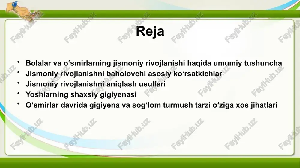 va odatiy ishlangandan suv ichishning ahamiyati bo'lishi mumkin. interaktiv va qiziqarli o'qitish usullari yoshlarni interaktiv faoliyatlar orqali jalb qiling, masalan, rol o'ynash, amaliy ko'rsatmalar, va guruh munozaralari kabi. sog'lom odatlarni rag'batlantirish yoshlarni sog'lom odatlarni rivojlantirishga rag'batlantiring, amaliy maslahatlar taqdim etib, gigiyena mahsulotlarining foydalanishini rag'batlantiring. bolalar va o'smirlarning harakat qobiliyatlari baholash harakat qobiliyatlarining turlari harakat qobiliyatlari katta harakat qobiliyatlari, masalan, yugurish va to'p qo'yish, va yaxshi harakat qobiliyatlari, yozish va poyabzalni bağlash kabi turli turdagi qobiliyatlariga bo'linadi. baholash vositalari harakat qobiliyatlari uchun umumiy baholash vositalari movchut qobiliyatlar uchun harakat baholash batareyasi (m-abc) va bruininks-oseretsky harakat mahoratini sinov batareyasi (bot-2) kabi. tepalik baholashning ahamiyati harakat qobiliyatlari cheklovlarini tezlik bilan aniqlash, bolaning umumiy jismoniy rivojlanishi va o'qish faoliyati natijasini yaxshilash uchun vaqtiy intervensiyalarga olib kelishi mumkin. ota-onalar va ta'lim beruvchilarning roli ota-onalar va ta'lim beruvchilar bolaning harakat qobiliyatlarini kuzatib borish va hujjatlashtirishda muhim rol o'ynaydilar, baholash uchun qadrli ma'lumotlar taqdim etish. jismoniy rivojlanish …