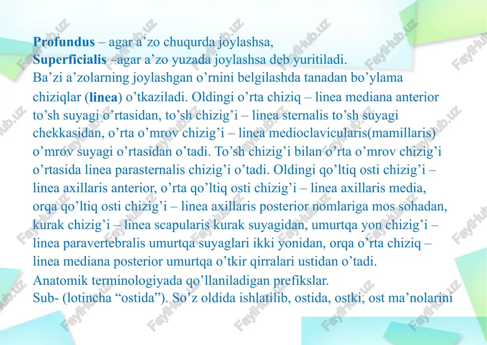 shtiradi va rivojlanishni kamroq qiyinlashtiradi. ba'zi asosiy topografik tushunchalar sintopiya-inson qismlari va organlari o'rtasidagi munosabatni aniqlash. skeletlari topildi-suyaklarga nisbatan inson qismlari va organlarining joylashuvi va proektsiyasini aniqlash. holotopiya-tananing hududlariga nisbatan inson qismlari va organlarini aniqlash. umumiy shartlar  (superior) yuqori, yuqoriga qarab  (inferior) pastki, pastki qismida, oyoqlarga yaqinroq  (anterior) old, tananing old qismi (posterior) orqa, orqa tanasi (ventralis) ventral – venter-qorin) - qorin old yuzasiga qaragan (dorsalis) orqa (dorsum - spin) - orqaga yaqinroq, tananing orqa yuzasi: (misol) qo'lning orqa arteriyasi va oyoqning orqa mushaklari    (lateralis) lateral (latus-yon) - o'rta tekislikdan yoki tananing chizig'idan uzoqroq joylashgan. radial suyak tirsakdan lateral, qo'lning bosh barmog'i kichik barmoqdan ko'ra ko'proq (medialis) medial (o'rta) - o'rta sagittal tekislikka yoki tana chizig'iga yaqinroq joylashgan (intermedius) intermediate-ikki qo'shni tuzilmalar orasida joylashgan: oraliq keng kestirib, mushak (quadriseps boshi) - musculus vastus intermedius     (medianus) median-o'rta sagittal tekislikda joylashgan  …