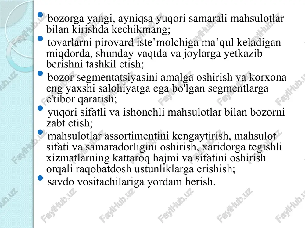raqobat ratsionalligi strategiyasi (to'yingan raqobat bozorida qarorlar qabul qilish jarayoni). marketing tadqiqotlarining asosiy yo'nalishlari : taklif va taklif tahlili bozor segmentatsiyasi raqobatbardoshlik tahlili marketing usullaridan optimal foydalanishni asoslash farmatsevtika marketing majmuasi: marketing kompleksining barcha tarkibiy qismlarining rivojlanishini rejalashtirish va prognozlashda farmatsevtika bozorining makro va mikro muhiti, ushbu sohadagi amaldagi qonunchilik, bozorning aniq ishtirokchilarining iqtisodiy, texnik, kadrlar imkoniyatlari to‘g‘risidagi ob’ektiv ma’lumotlarni tahlil qilish orqali marketing sohasida tajribaga ega mutaxassislarning tizimli va uzluksiz faoliyati . aralashmasining tarkibiy qismlari : assortiment (mahsulot) siyosati aloqa siyosati (dorilarni oxirgi iste'molchiga targ'ib qilish) sotish siyosati narx siyosati kadrlar siyosati tashkilotning o'z marketing faoliyatini tahlil qilish marketingning 5 ta asosiy elementidan iborat: sotilgan tovarlar - mahsulot ( mahsulot) narx siyosati - narx tarqatish usullari - joy rag'batlantirish usullari - aktsiyalar xodimlar - ( xodimlar ) swot tahlilida marketing aralashmasi auditining natijalari kuchli va zaif tomonlar bo'limida aks ettiriladi. farmatsevtika tashkilotlari uchun marketingni rejalashtirish kontseptsiyasi marketingni rejalashtirishning uslubiy …