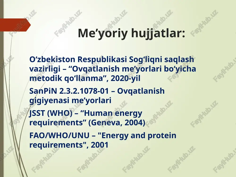 topiladi(ayollarga,erkaklarga). ikkinchi yuzasi yordamida ayollar va erkaklarni ularning tana vazni,yoshi va ish faoliyati turiga qarab ularning kunlik energiya sarfi uglevod,yog’,oqsillarga bo’lagan extiyoji,vitaminlar va minerallarning kunlik zaruriy miqdorlari aniqlanadi. sutkalik faoliyatmi xronametraj qilish uchun yozib olish(mavjud vaqtdagi)yoki qayta tiklash(masalan,o’tgan sutkalardagi)tarkibida barcha faoliyat turlarini(nomi va vaqtini)ketma- ket qayt etish va oldindan bir soatdagi aak ni xisoblagan xolda ularni muvofiq keluvchi quvvat sarflanishiga o’tkazish mumkin. guruxli xisoblashda turli kasblar qanday mexnat (intensiv )guruxiga kiritilishidan kelib chiqqan xolda jfk dan foydalanish mumkin. turli kasbiy guruxlar uchun jismoniy faollik koefitsent(jfk) xar xil.turli faoliyat doiralarida mashg’ul bo’lgan ishchilarning bir kunlik quvvat sarflanishini xisobga oladi. guruxli xisoblashda turli kasblar qanday mexnat (intensiv )guruxiga kiritilishidan kelib chiqqan xolda jfk dan foydalanish mumkin. turli kasbiy guruxlar uchun jismoniy faollik koefitsent(jfk) xar xil.turli faoliyat doiralarida mashg’ul bo’lgan ishchilarning bir kunlik quvvat sarflanishini xisobga oladi. turli kasbiy guruxlar mexnat intensivligi va og’irligidan kelib chiqqan xolda barcha xodimlar erkaklar uchun 5-guruxga va …