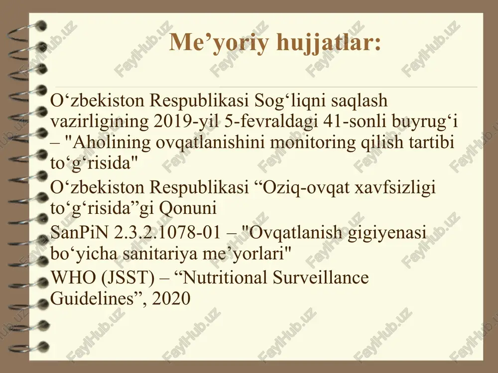a, suv). 13. xun tolasi tarkibi. 14. shaxsiy vitaminlar, minerallar tarkibi (kerak bo'lsa). image2.jpeg image1.png image3.jpeg image4.png image5.jpeg image6.jpeg /docprops/thumbnail.jpeg aholining ovqatlanishni o'rganish usullari