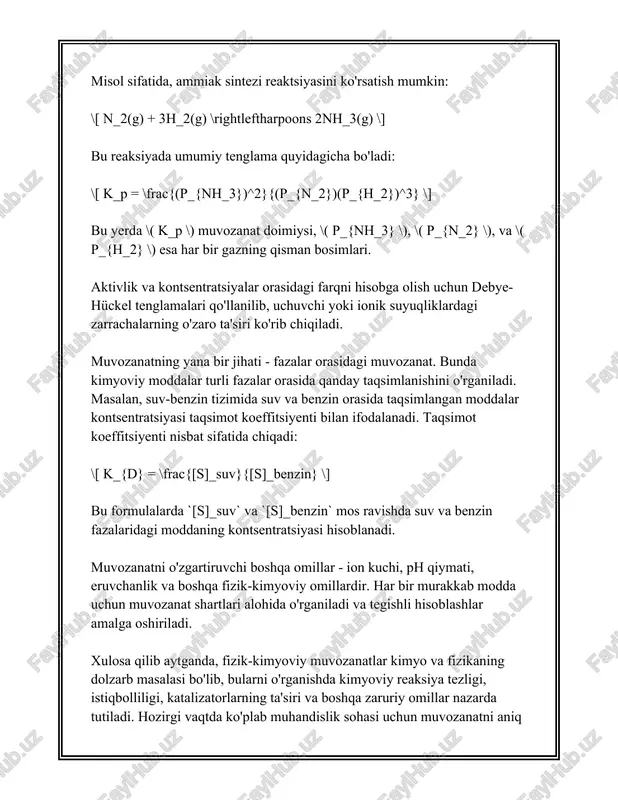 ik dvigateli yuqori haroratli manbadan issiqlik olib, ish bajaradi va qoldiq issiqlikni past haroratli manbaga chiqaradi. termodinamik samaradorlik ushbu jarayonlarning samaradorigini o‘lchash uchun ishlatiladi va quyidagicha ifodalanadi: \[ \eta = \frac{w}{q_h} \] bu yerda: - \(\eta\) - samaradorlik; - \(w\) - bajarilgan ish; - \(q_h\) - yuqori haroratli manbadan olingan issiqlik. umuman olganda, termodinamika asoslari orqali biz tabiiy jarayonlarni yaxshiroq tushunamiz va energiya samaradorligini optimallashtiradigan texnologiyalar yaratishga qodirmiz. 3. diffuziya jarayonlari diffuziya jarayonlari moddalar yoki energiyaning bir muhitdan ikkinchi muhitga o'z-o'zidan yoki tashqi ta'sir oqibatida tarqalish jarayonidir. kimyo, fizika va biologiya fanlarida juda keng tarqalgan bu hodisa ko'p jarayonlarning asosini tashkil etadi. diffuziya jarayonlarining birinchi va eng asosiy tushunchasi bu yuqori konsentratsiyadan past konsentratsiyaga tomon o'z-o'zidan tarqalishidir. bu jarayon termodinamik muvozanat holatiga erishgunga qadar davom etadi. masalan, tuz yoki shakarni suvga solganingizda, avvaliga ma'lum bir qismda konsentratsiyasi yuqori bo'ladi, lekin vaqt o'tishi bilan parchalanib va aralashib, butun idish bo'ylab teng …