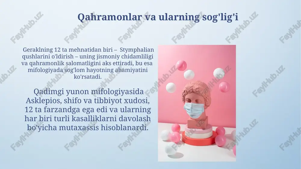 an. shifo beruvchi o'simliklar va hayvonlar gipokrat asarlarida taxminan 15 ta o'simlik va 5 ta hayvon mahsulotlari shifobaxsh maqsadlarda ishlatilishi haqida ma'lumotlar keltirilgan. qadimgi yunon shifokorlari 30 dan ortiq o'simlik turini, jumladan, atamalari galen tomonidan tasvirlangan papaver va mandragora kabi dorivor o'simliklarni qo'llaganlar. epidimiyalar va jazo xudolari ba'zi manbalarda epidemiyalarni yuboruvchi yovuz ruhlar yoki xudolar ham tilga olingan, masalan, qurg'oqchilik va vabo xudosi kabi 3 dan ortiq shaxslar. rim mifologiyasida, salus kabi sog'liqni saqlash xudosi mavjud bo'lsa-da, epidemiyalar ko'pincha xudolar g'azabining natijasi sifatida ko'rilgan va qurbonliklar orqali yarashishga harakat qilingan. e'tiboringiz uchun rahmat @taqdimot_robot image4.png image5.jpg image6.jpg image7.jpg image8.jpg image9.jpg image10.jpg image11.jpg image12.jpg image13.jpg image14.jpg image15.jpg image16.jpg image17.jpg image18.jpg image19.jpg image20.jpg image21.jpg image1.jpeg