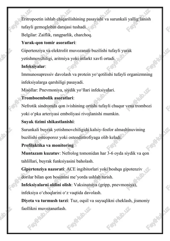 ing infektsion tabiatli antigenlarga nisbatan ortiqcha immun reaktsiyasi bilan bog’liq. bundan tashqari, buyrakning shikastlanishi autoantitanalarning vayronkor ta’siri natijasida yuzaga keladigan glomeruloronefritning autoimmun shakli ham mavjud. glomerulonefritda antigen-antitana komplekslari buyrak koptokchalarining kapillyarlarida to’planib boradi, natijada birlamchi siydik ishlab chiqarish jarayoni buziladi, organizmda suv, tuzlar va modda almashinuvi mahsulotlari ushlanib qoladi, antigipertenziv omillar darajasi kamayadi. bularning barchasi arterial gipertenziya va buyrak yetishmovchiligi rivojlanishiga olib keladi. glomerulonefritning tarqalganligi bolalarda glomerulonefrit orttirilgan buyrak kasalliklari orasida siydik yo’llari infektsiyasidan so’ng ikkinchi o’rinni egallaydi. urologiya statistik ma’lumotlariga ko’ra, glomerulonefrit surunkali buyrak yetishmovchiligining rivojlanishi sababli bemorlarning erta nogiron bo’lib qolishining eng ko’p uchraydigan sababi hisoblanadi. o’tkir glomerulonefrit har qanday yoshda rivojlanishi mumkin, ammo odatda, kasallik 40 yoshgacha bo’lgan bemorlarda yuzaga keladi. glomerulonefrit alomatlari va belgilari o’tkir diffuz glomerulonefrit alomatlari ko’pincha streptokokklar (angina, pioderma, tonzillit) tomonidan chaqirilgan infektsion kasallikdan bir yoki uch hafta o’tgach paydo bo’ladi. o’tkir glomerulonefrit uchun uchta asosiy alomat xarakterlidir: siydik (oliguriya, mikro- yoki makrogematuriya); …